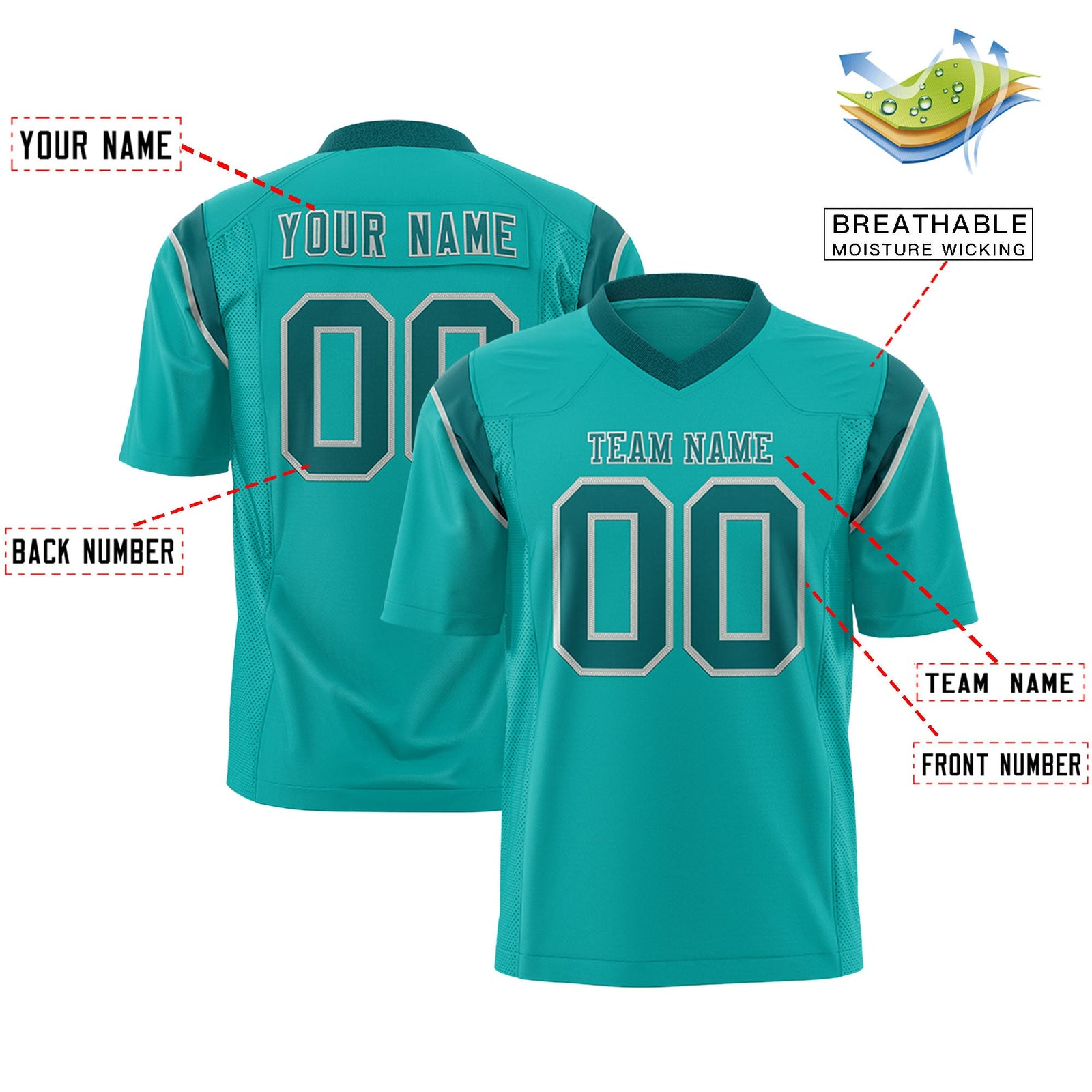 Custom Flag Football Jersey | Aqua Aqua Color Block For Youth & Men | Add Name, Number & Logo | KXKSHOP