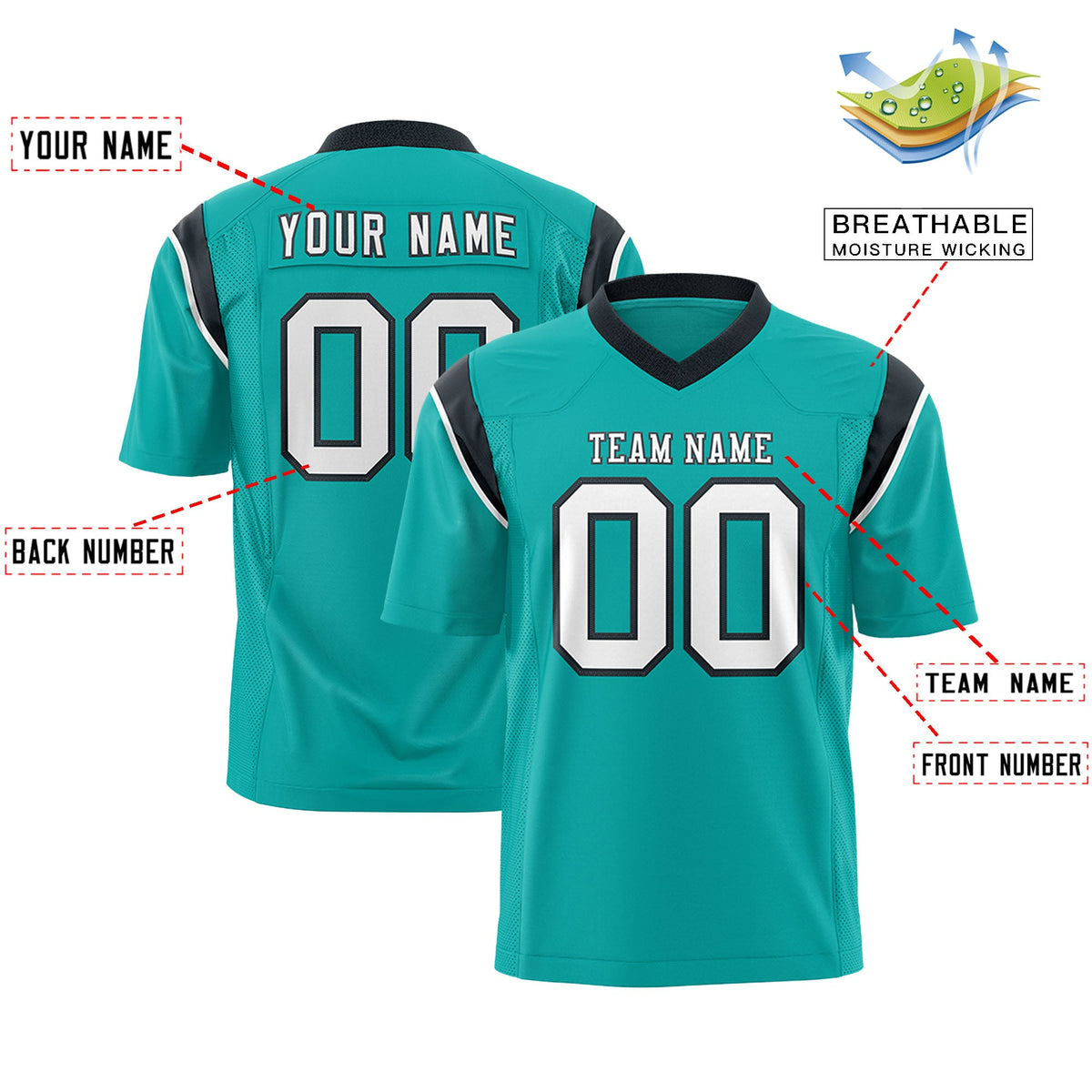 Custom Flag Football Jersey | Aqua Black Color Block For Youth &amp; Men | Add Name, Number &amp; Logo | KXKSHOP