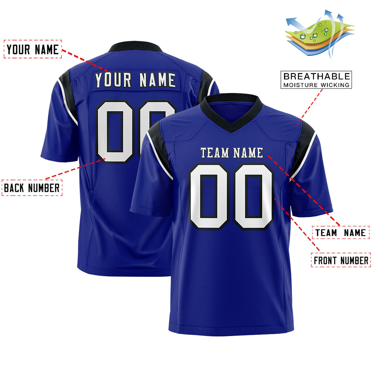 Custom Flag Football Jersey | Royal Black Color Block For Youth &amp; Men | Add Name, Number &amp; Logo | KXKSHOP