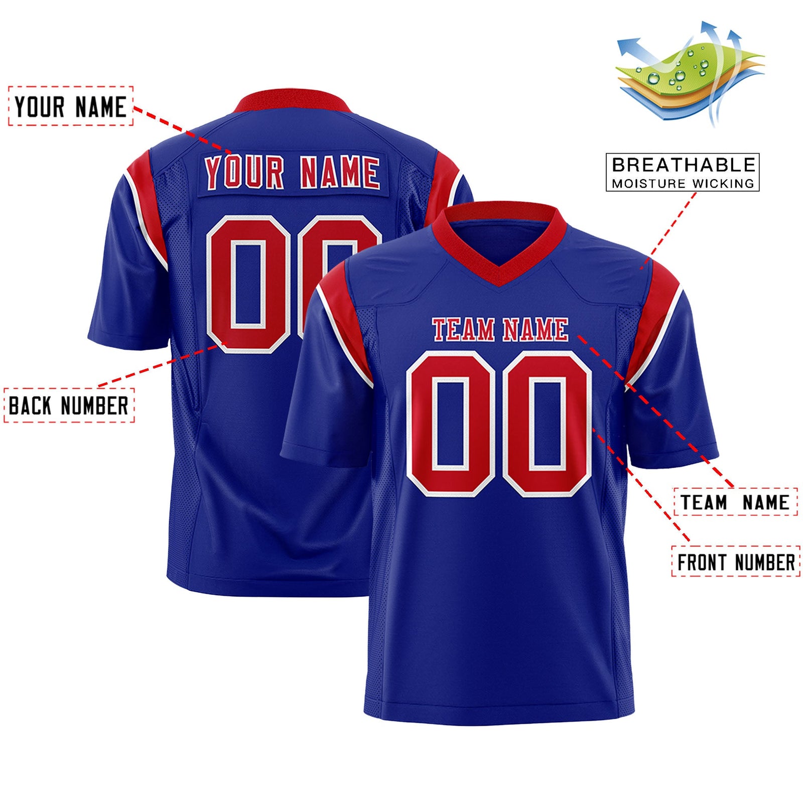 Custom Flag Football Jersey | Royal Red Color Block For Youth & Men | Add Name, Number & Logo | KXKSHOP
