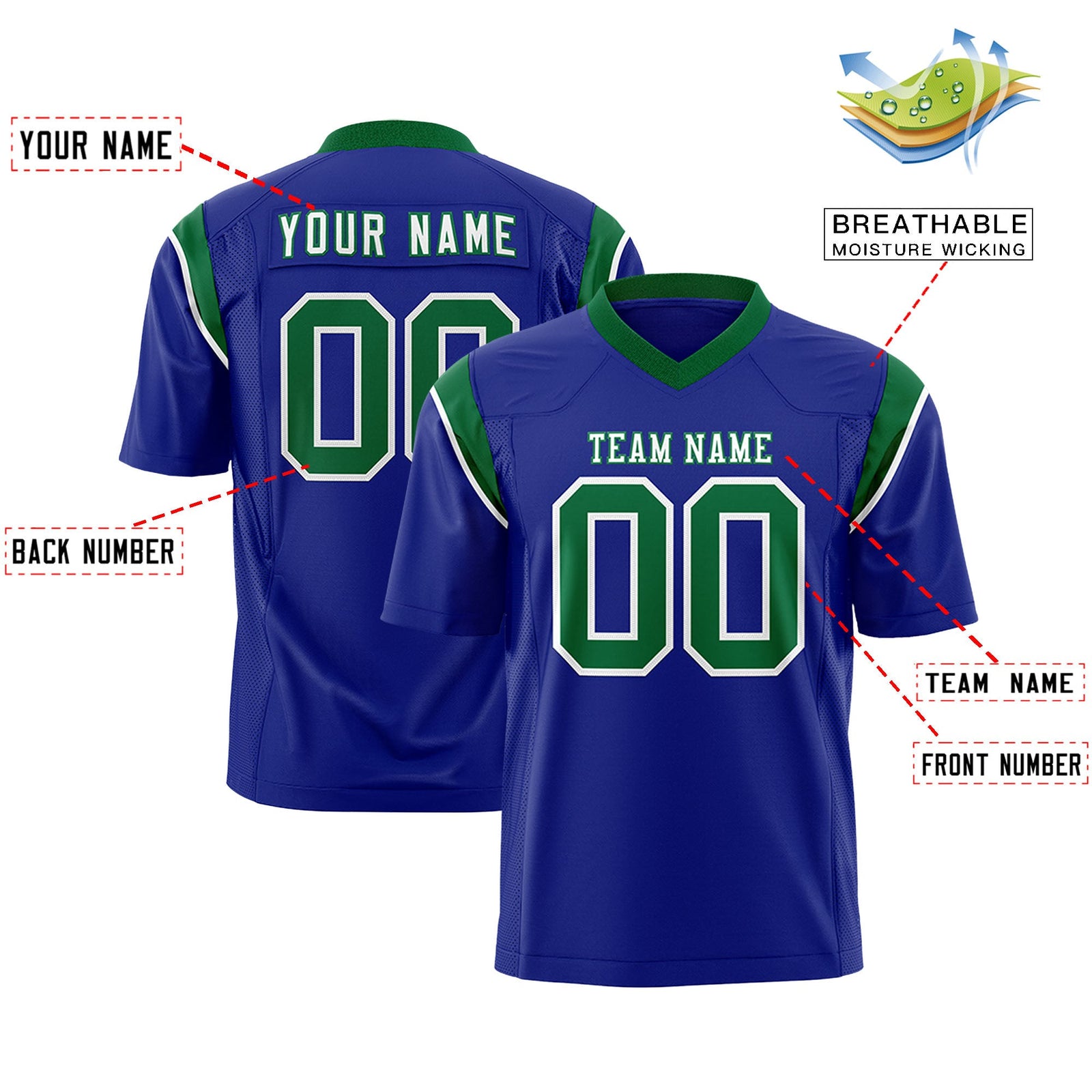 Custom Flag Football Jersey | Royal Kelly Green Color Block For Youth & Men | Add Name, Number & Logo | KXKSHOP