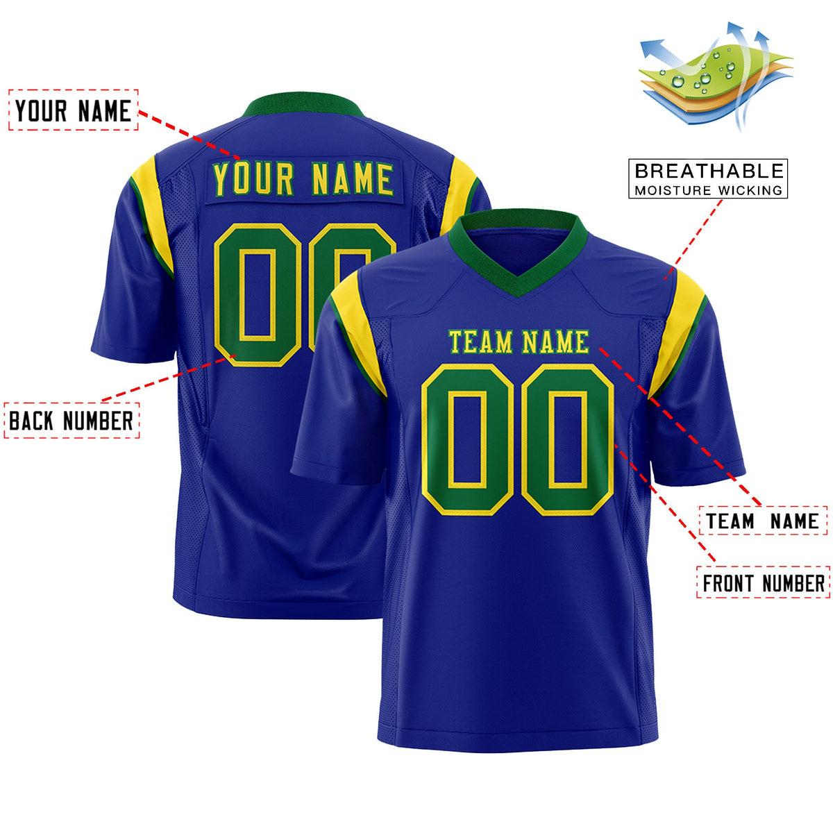Custom Flag Football Jersey | Royal Kelly Green Color Block For Youth &amp; Men | Add Name, Number &amp; Logo | KXKSHOP