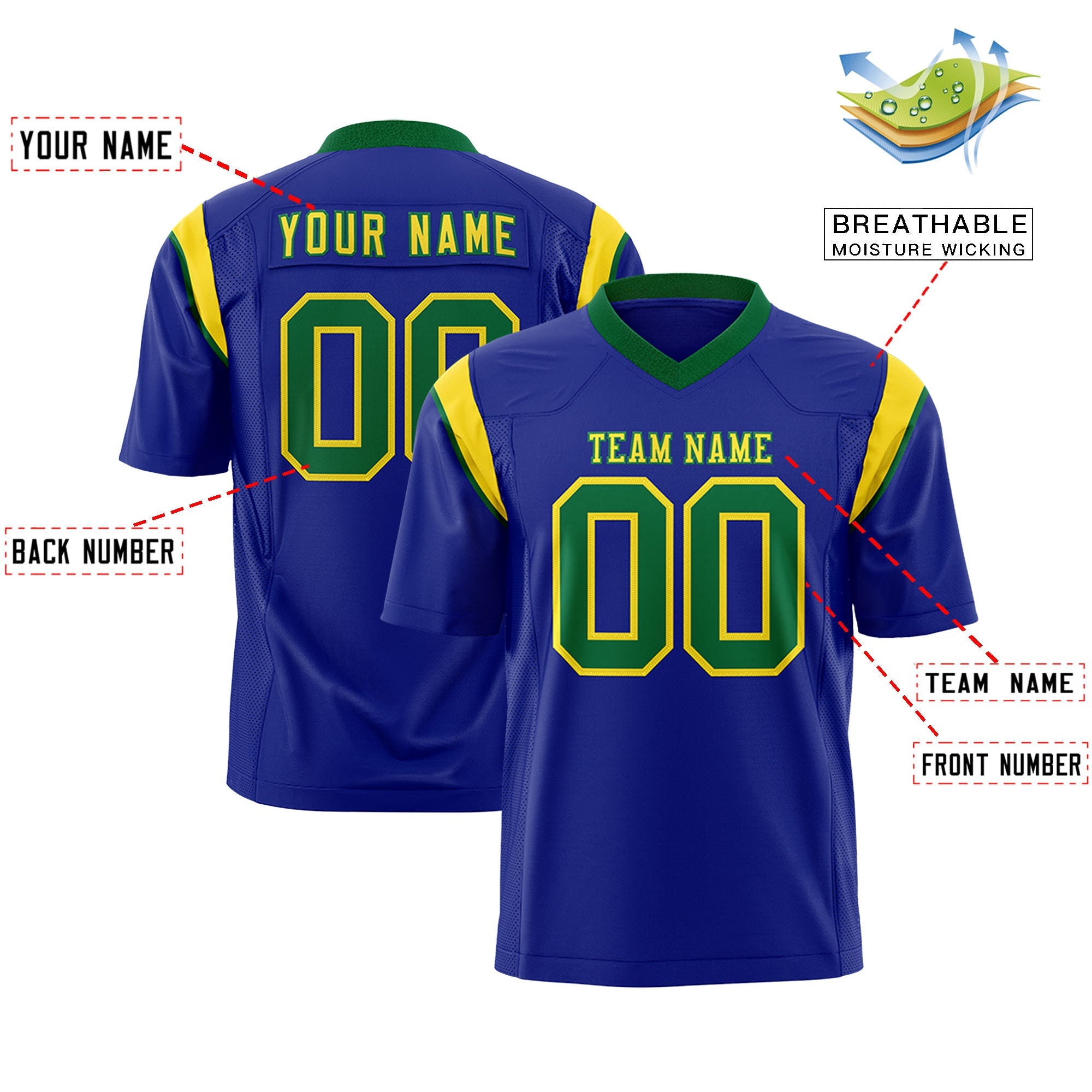 Custom Flag Football Jersey | Royal Kelly Green Color Block For Youth & Men | Add Name, Number & Logo | KXKSHOP