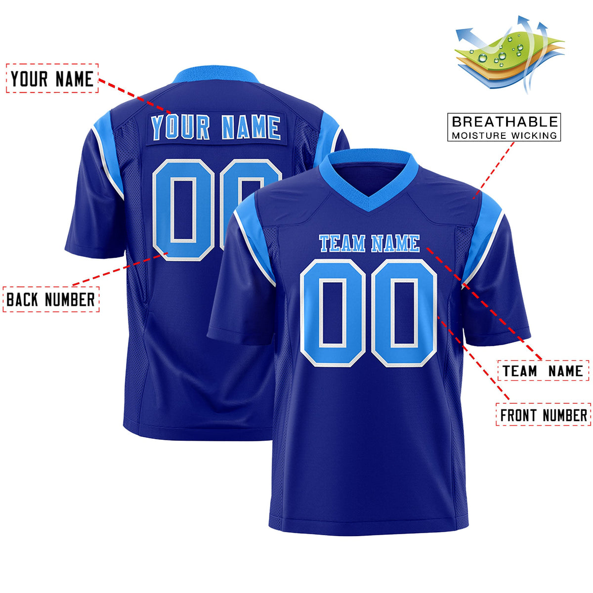 Custom Flag Football Jersey | Royal Light Blue Color Block For Youth &amp; Men | Add Name, Number &amp; Logo | KXKSHOP