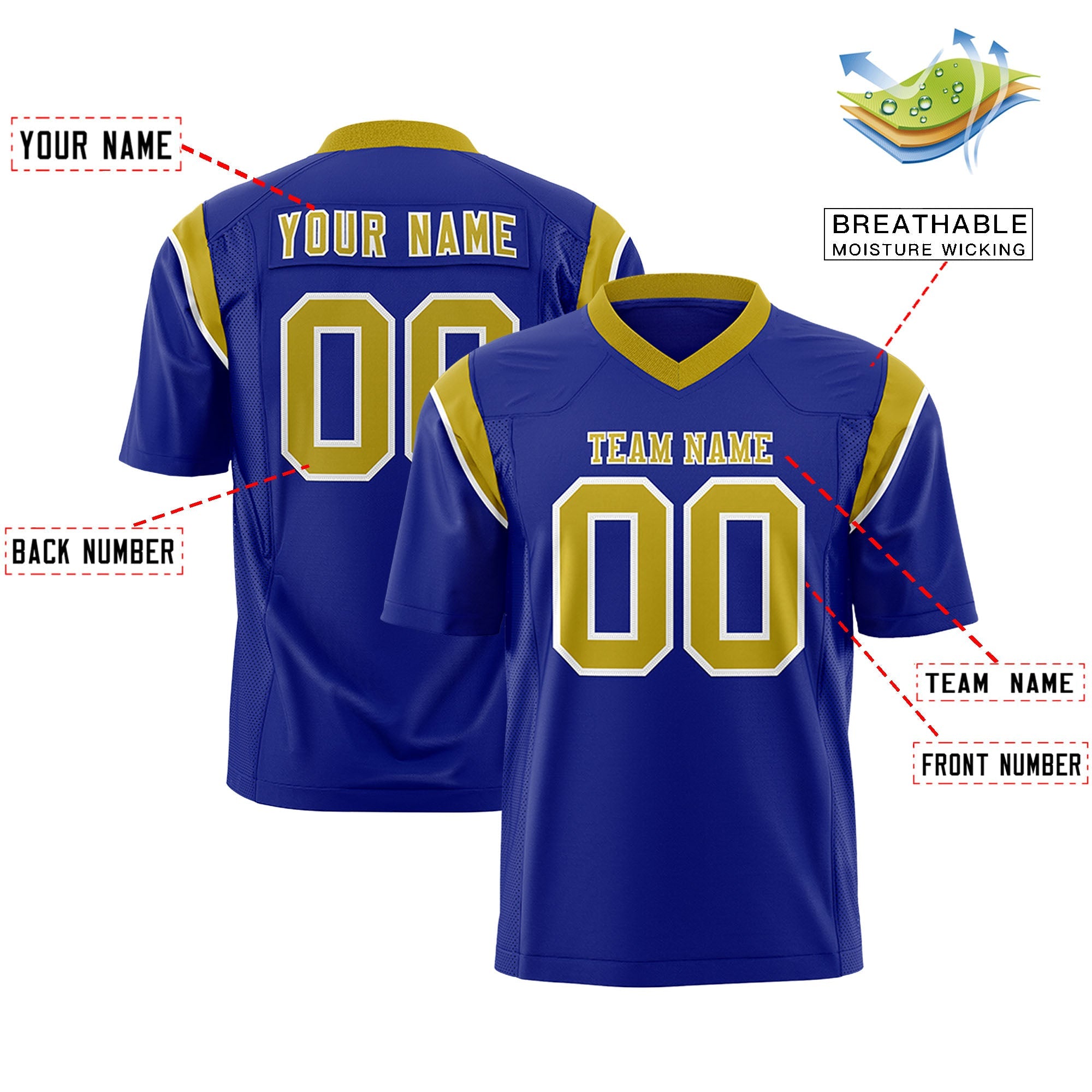 Custom Flag Football Jersey | Royal Old Gold Color Block For Youth & Men | Add Name, Number & Logo | KXKSHOP