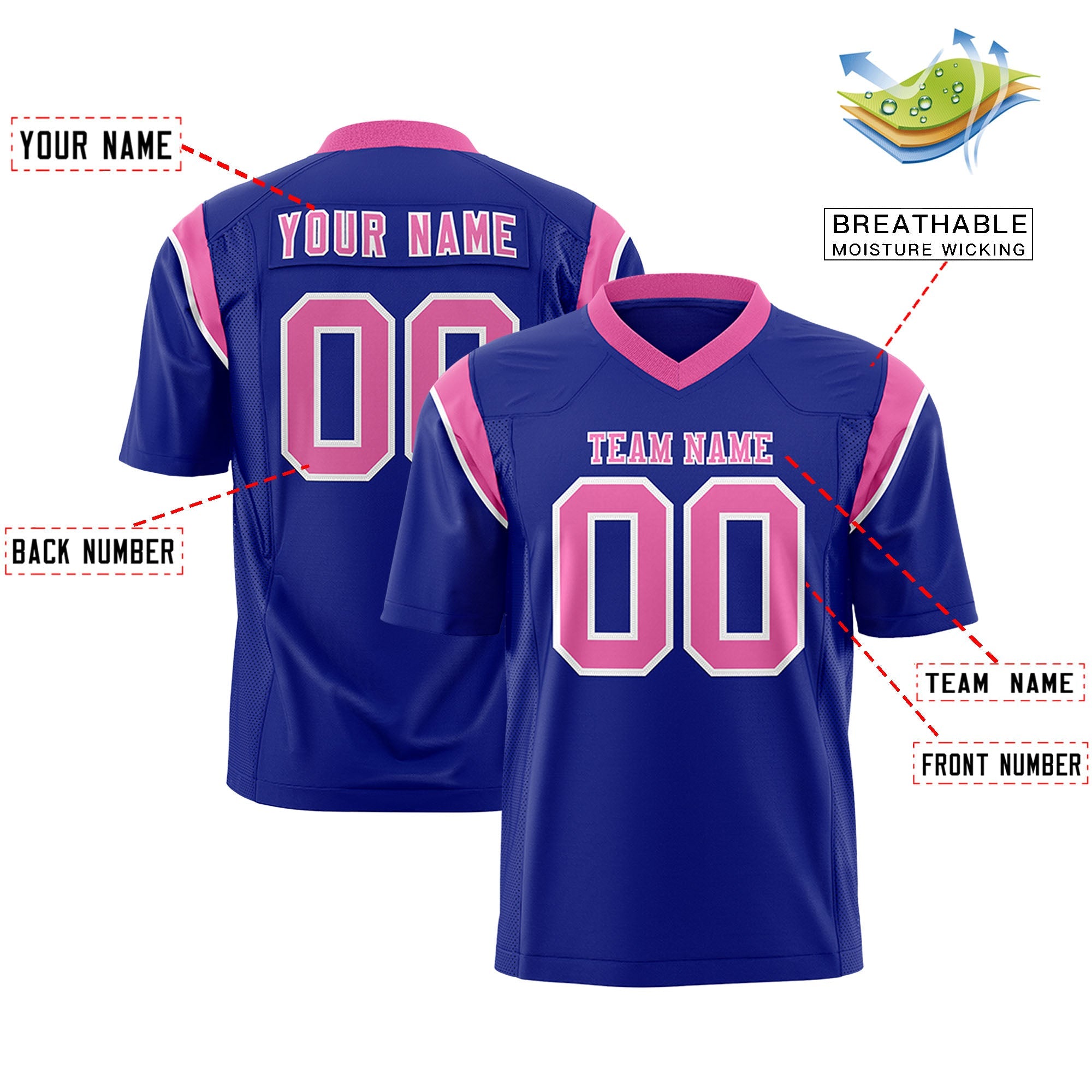 Custom Flag Football Jersey | Royal Pink Color Block For Youth & Men | Add Name, Number & Logo | KXKSHOP