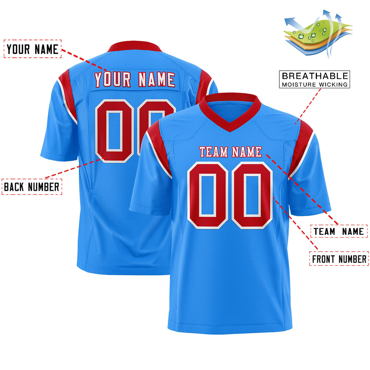 Custom Flag Football Jersey | Powder Blue Red Color Block For Youth &amp; Men | Add Name, Number &amp; Logo | KXKSHOP