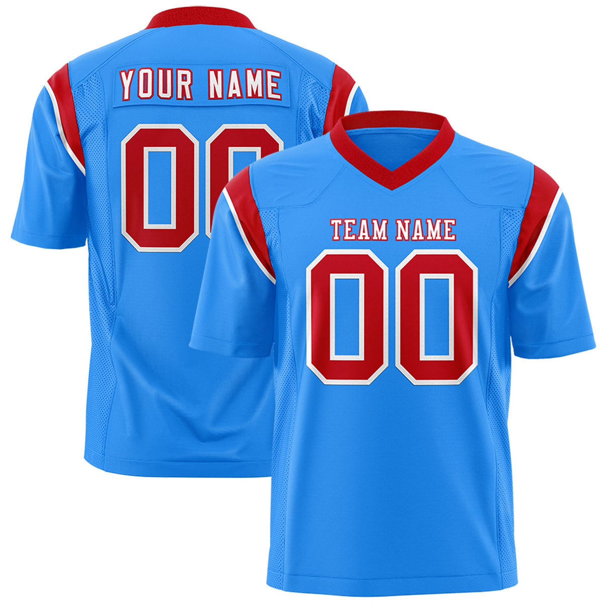 Custom Flag Football Jersey | Powder Blue Red Color Block For Youth &amp; Men | Add Name, Number &amp; Logo | KXKSHOP