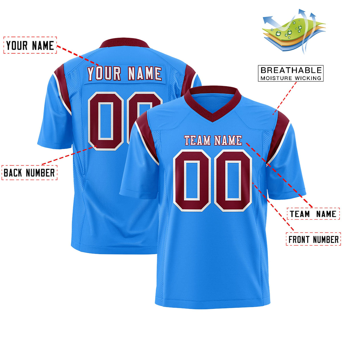 Custom Flag Football Jersey | Powder Blue Crimson Color Block For Youth &amp; Men | Add Name, Number &amp; Logo | KXKSHOP