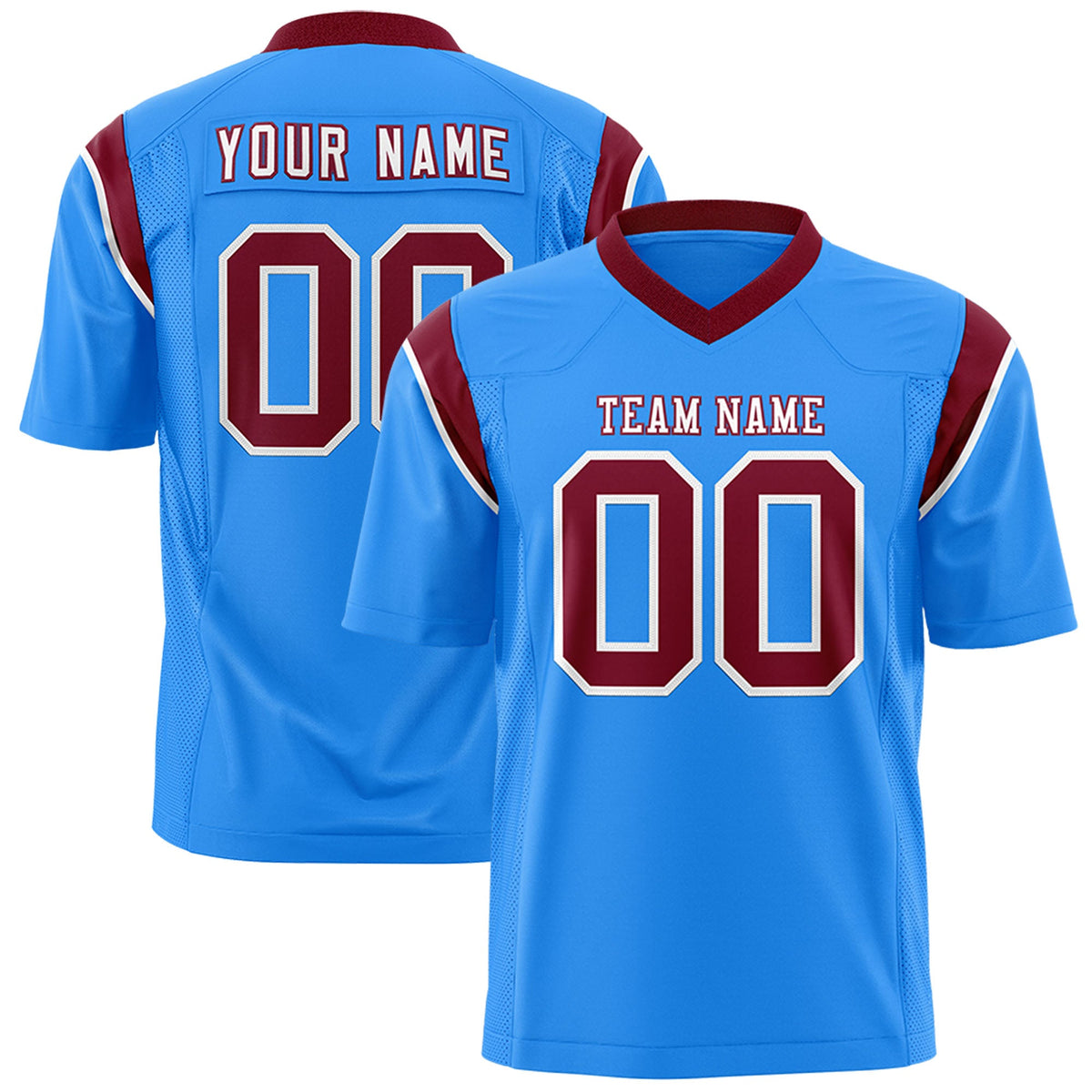 Custom Flag Football Jersey | Powder Blue Crimson Color Block For Youth &amp; Men | Add Name, Number &amp; Logo | KXKSHOP