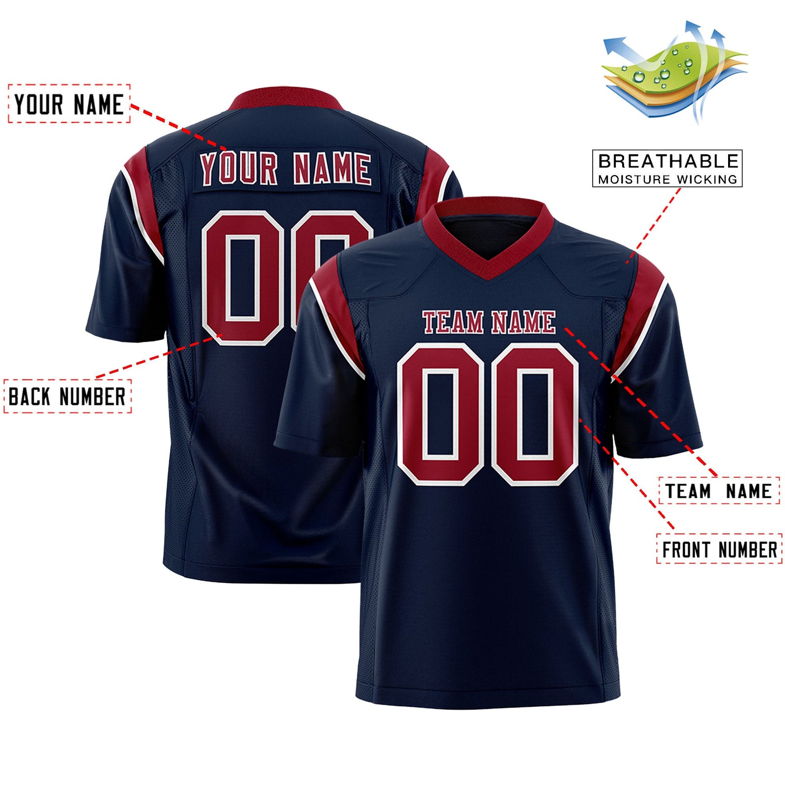 Custom Flag Football Jersey | Navy Cardinal Color Block For Youth & Men | Add Name, Number & Logo | KXKSHOP