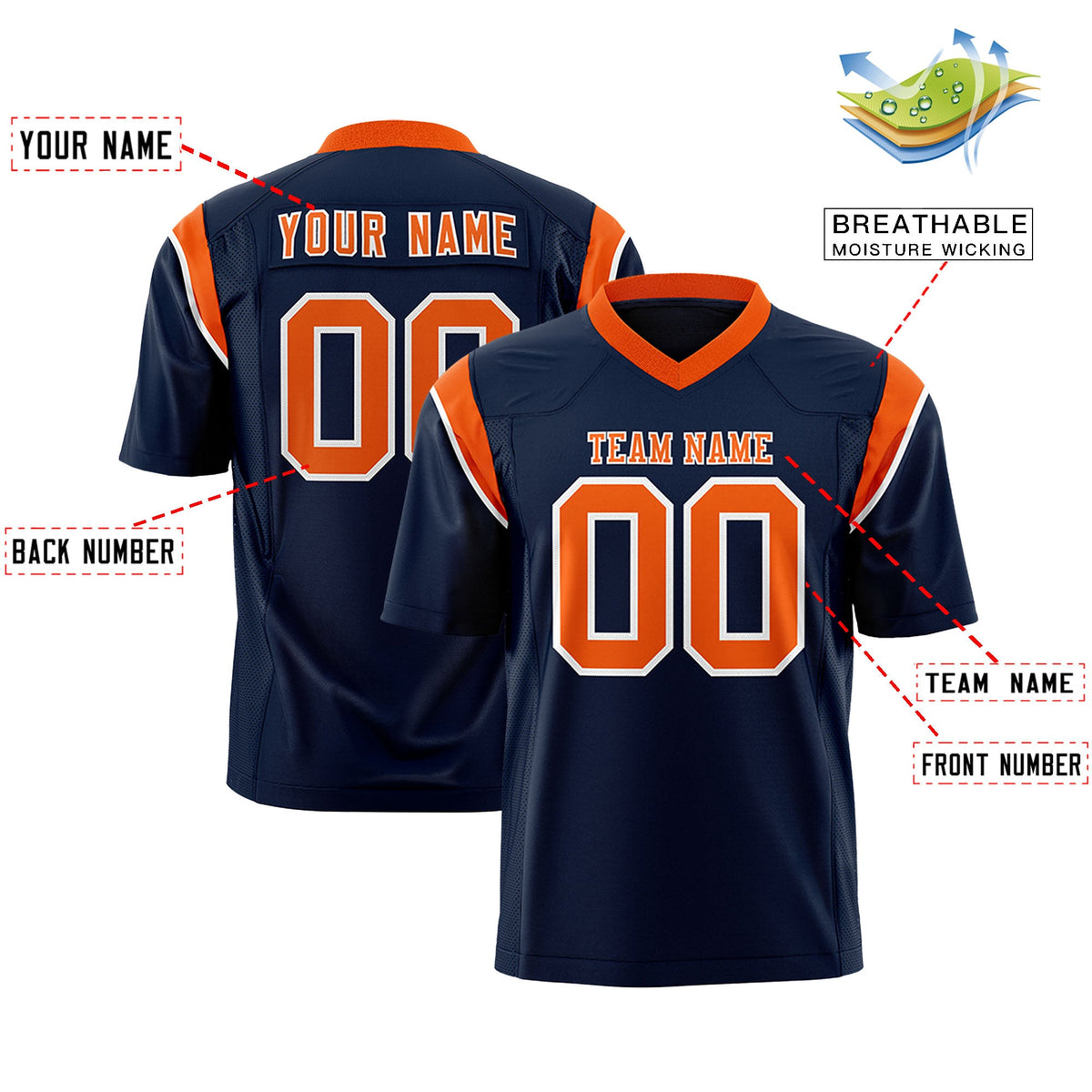 Custom Flag Football Jersey | Navy Orange Color Block For Youth &amp; Men | Add Name, Number &amp; Logo | KXKSHOP