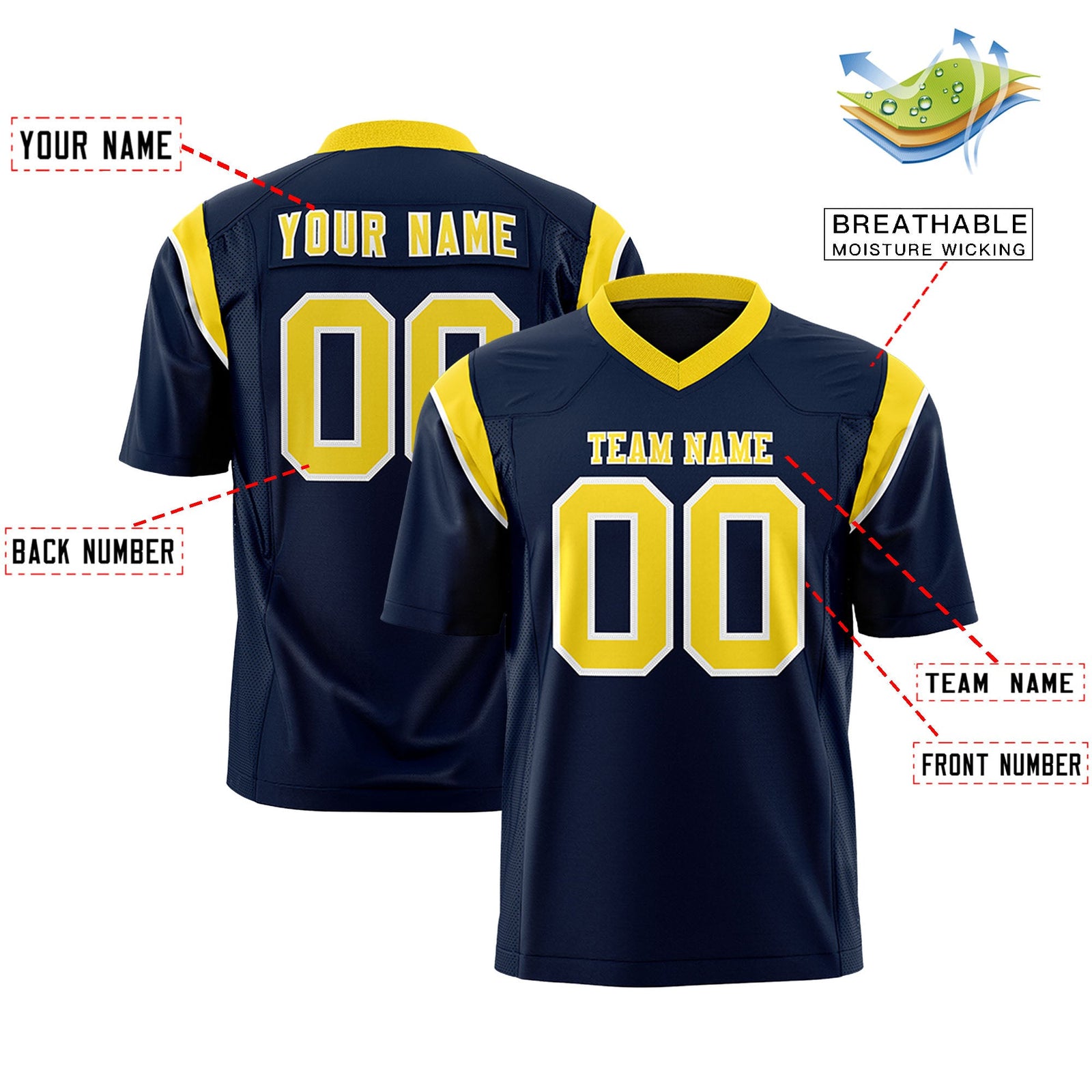 Custom Flag Football Jersey | Navy Gold Color Block For Youth & Men | Add Name, Number & Logo | KXKSHOP