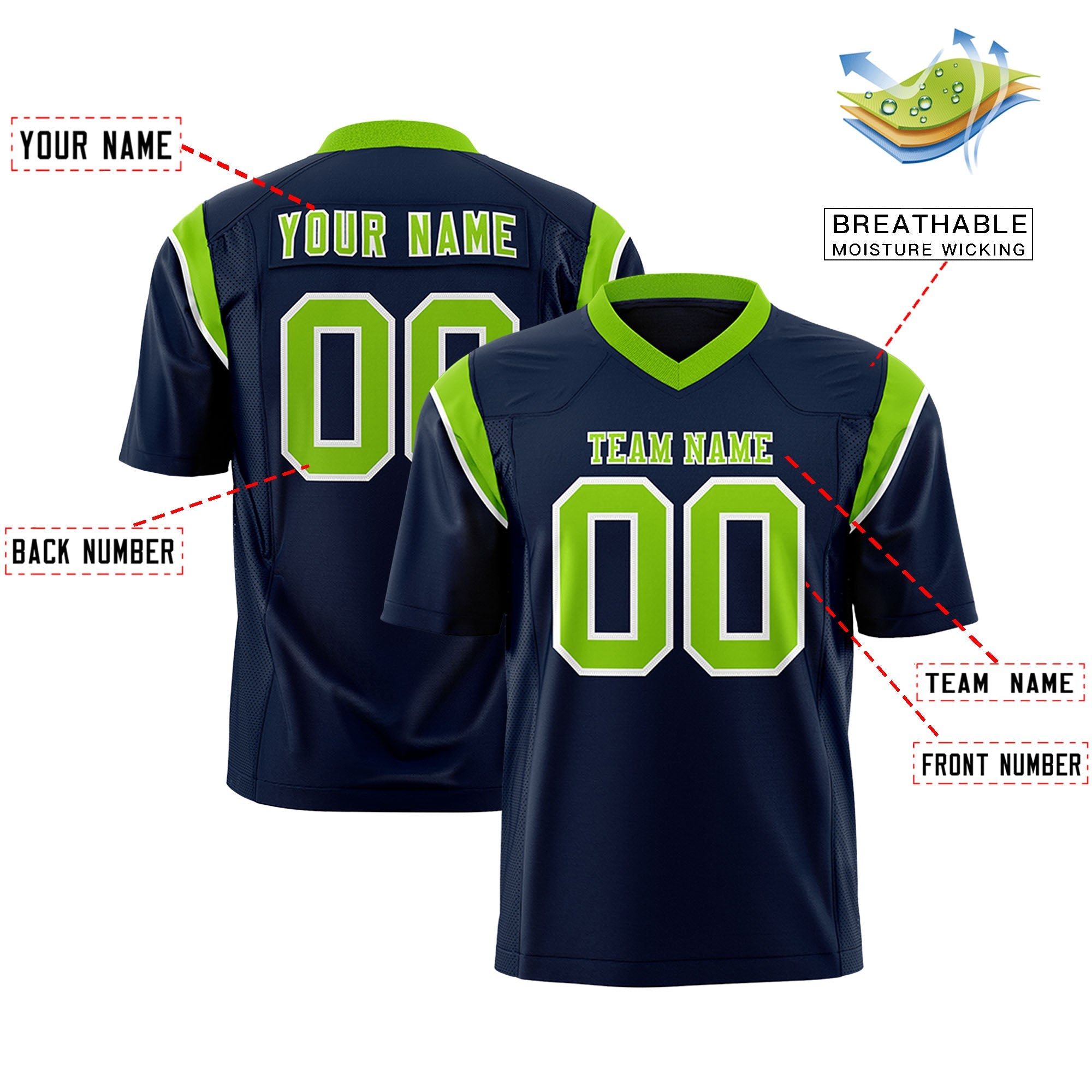Custom Flag Football Jersey | Navy Neon Green Color Block For Youth & Men | Add Name, Number & Logo | KXKSHOP
