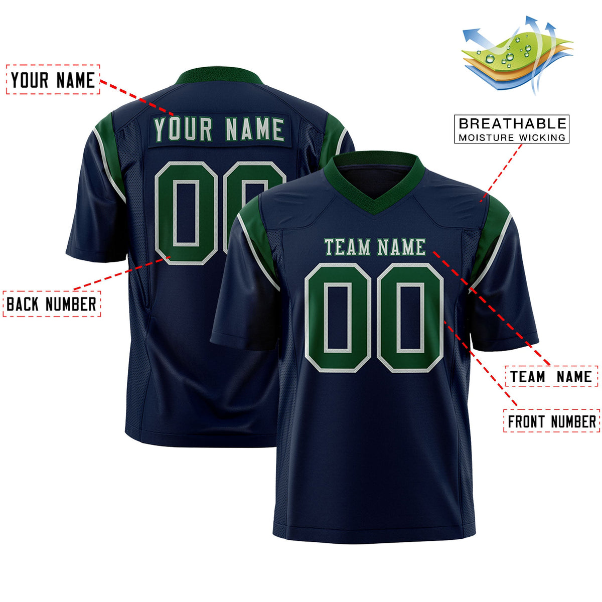 Custom Flag Football Jersey | Navy Green Color Block For Youth &amp; Men | Add Name, Number &amp; Logo | KXKSHOP