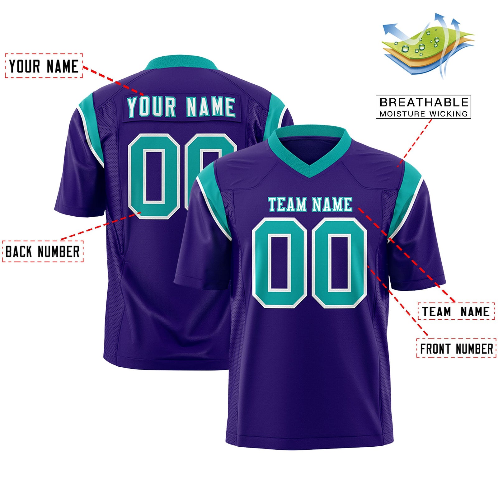 Custom Flag Football Jersey | Purple Aqua Color Block For Youth & Men | Add Name, Number & Logo | KXKSHOP