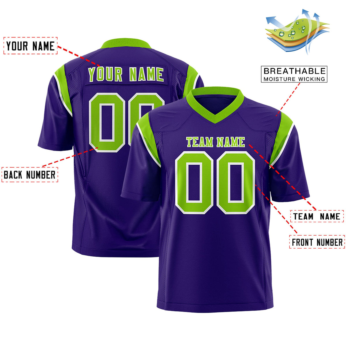 Custom Flag Football Jersey | Purple Neon Green Color Block For Youth &amp; Men | Add Name, Number &amp; Logo | KXKSHOP