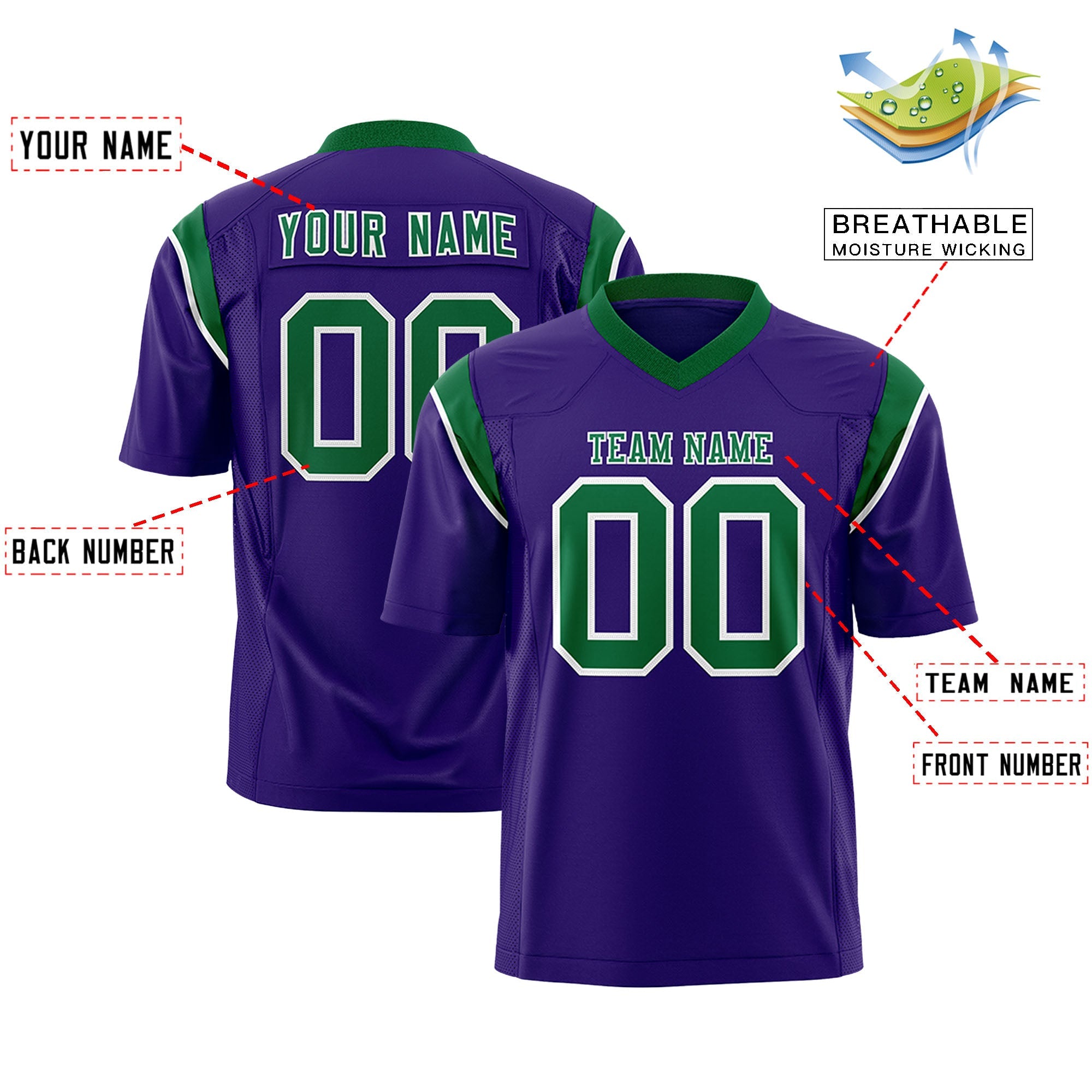 Custom Flag Football Jersey | Purple Kelly Green Color Block For Youth & Men | Add Name, Number & Logo | KXKSHOP