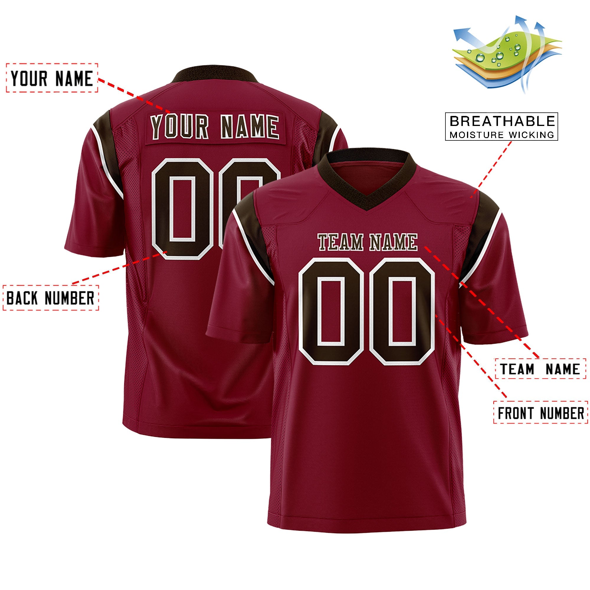 Custom Cardinal Brown Personalized Shoulder Cut Two-Tone Authentic Football Jersey