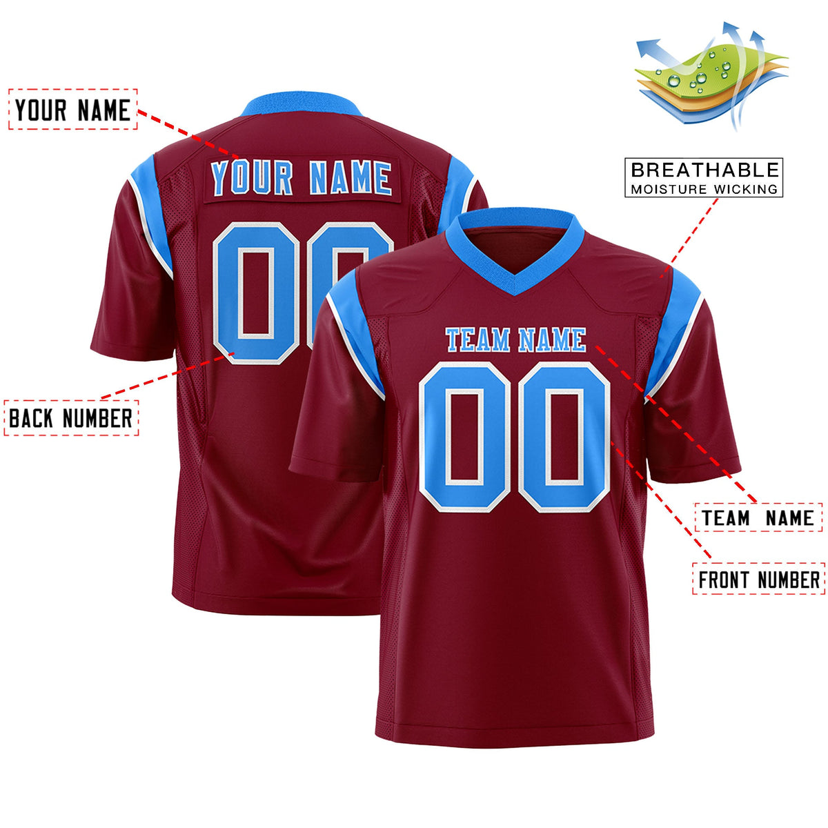 Custom Flag Football Jersey | Cardinal Light Blue Color Block For Youth & Men | Add Name, Number & Logo | KXKSHOP