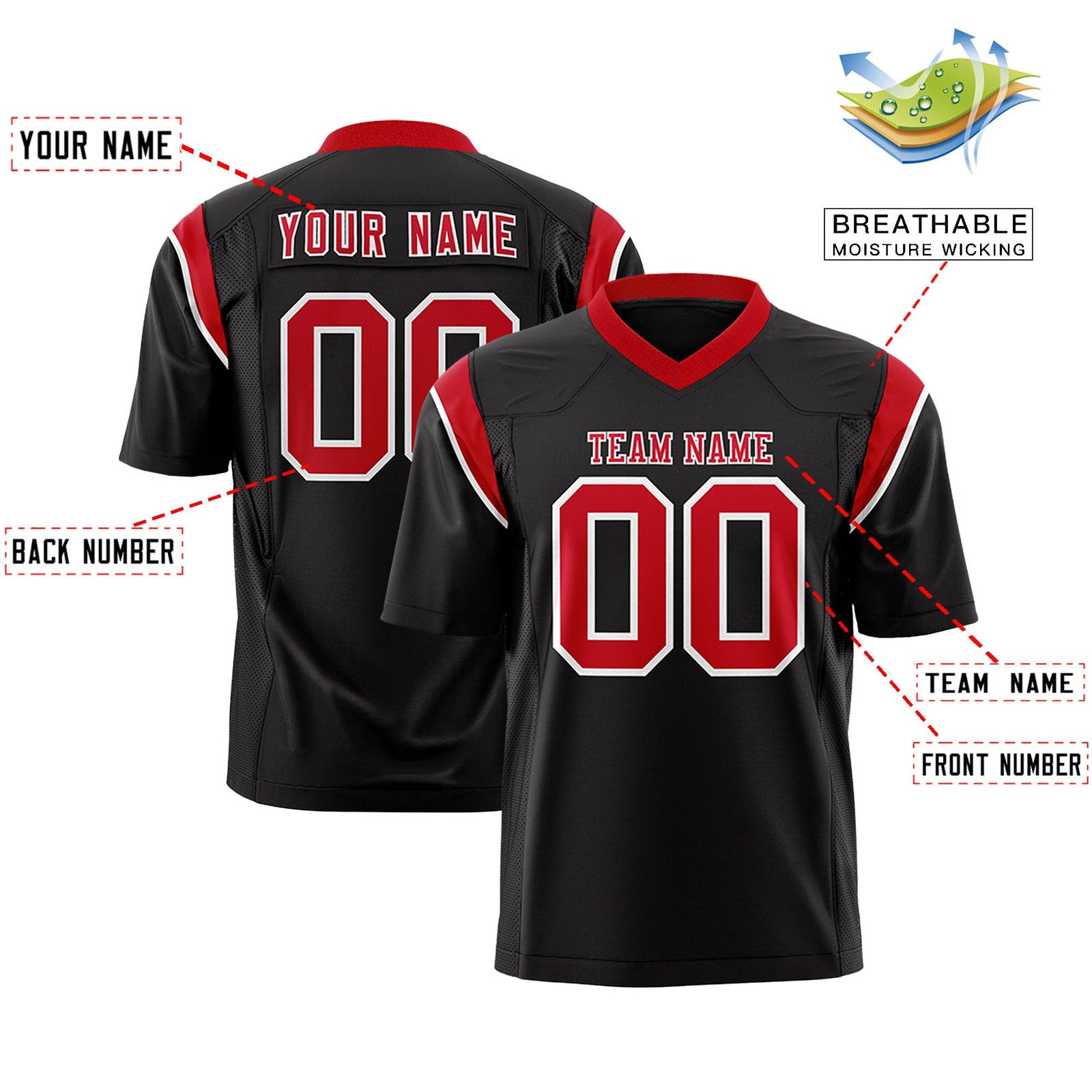 Custom Flag Football Jersey | Black Red Color Block For Youth & Men | Add Name, Number & Logo | KXKSHOP