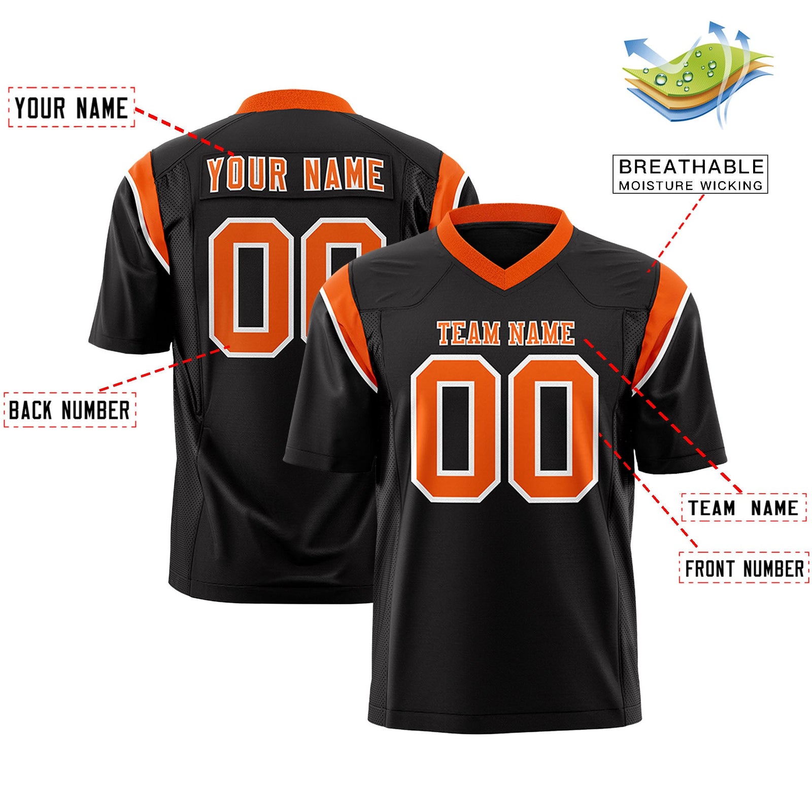 Custom Flag Football Jersey | Black Orange Color Block For Youth & Men | Add Name, Number & Logo | KXKSHOP