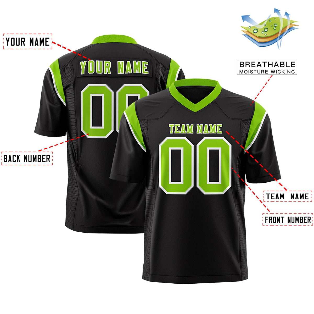 Custom Flag Football Jersey | Black Neon Green Color Block For Youth &amp; Men | Add Name, Number &amp; Logo | KXKSHOP