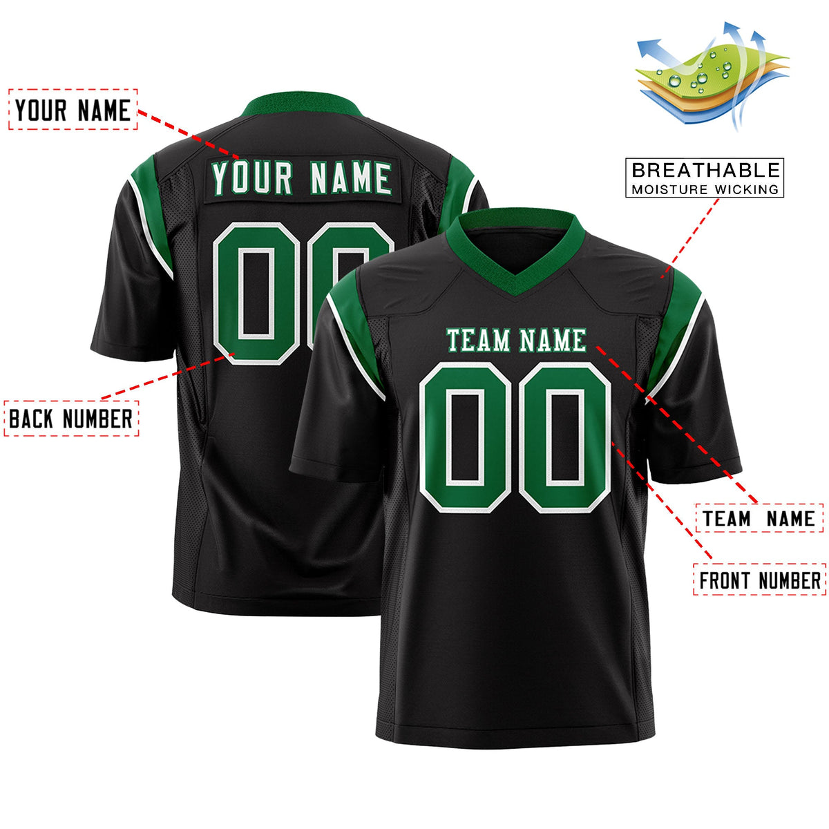 Custom Flag Football Jersey | Black Kelly Green Color Block For Youth &amp; Men | Add Name, Number &amp; Logo | KXKSHOP