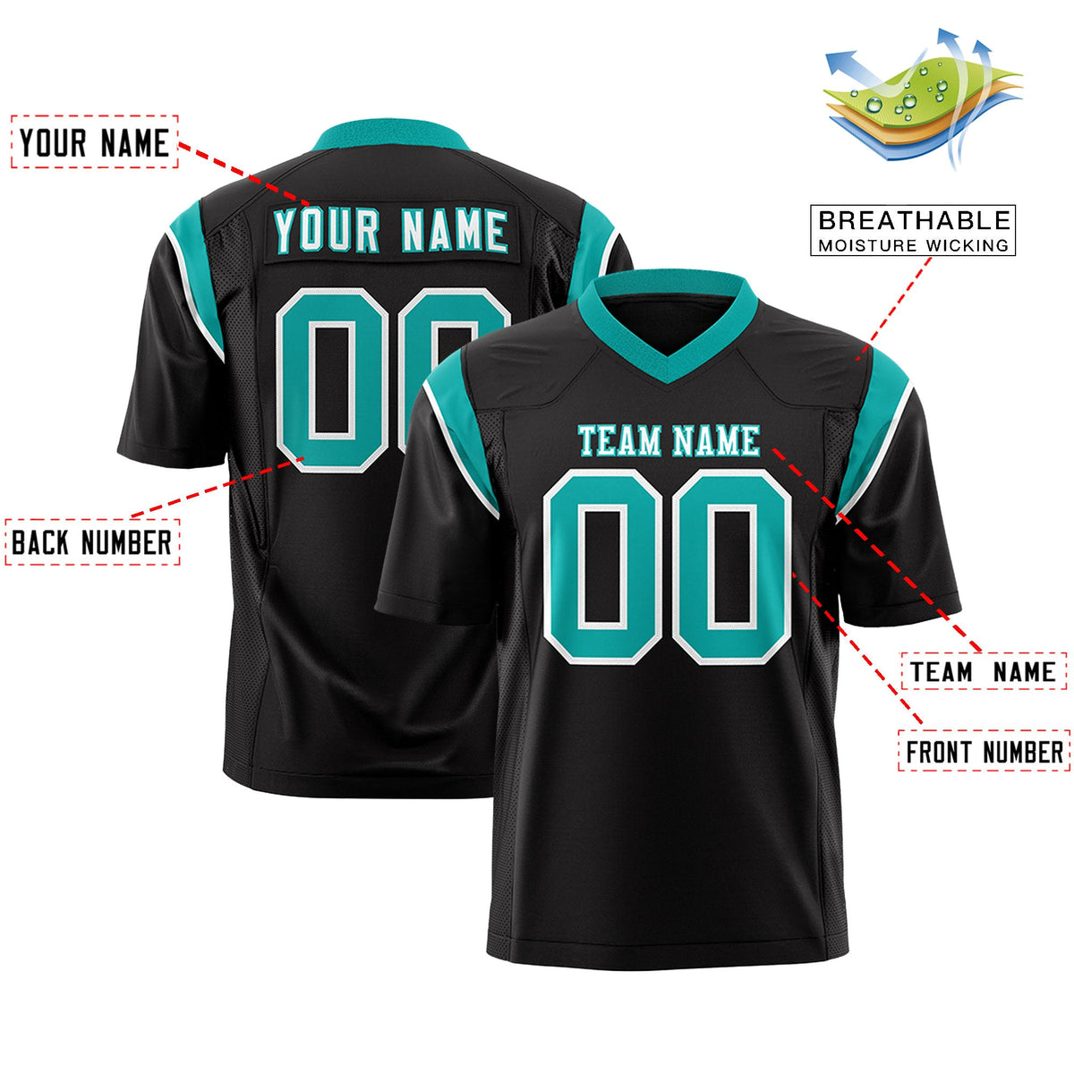 Custom Flag Football Jersey | Black Aqua Color Block For Youth &amp; Men | Add Name, Number &amp; Logo | KXKSHOP