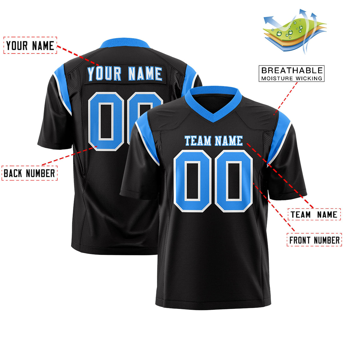 Custom Flag Football Jersey | Black Light Blue Color Block For Youth &amp; Men | Add Name, Number &amp; Logo | KXKSHOP
