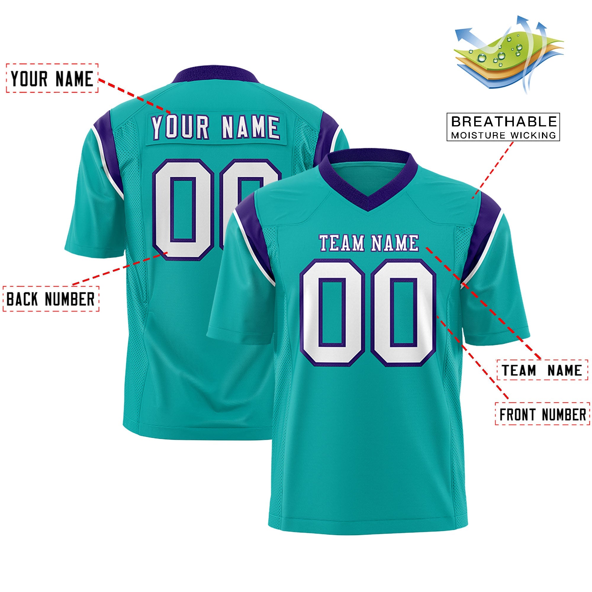Custom Flag Football Jersey | Aqua Purple Color Block For Youth & Men | Add Name, Number & Logo | KXKSHOP