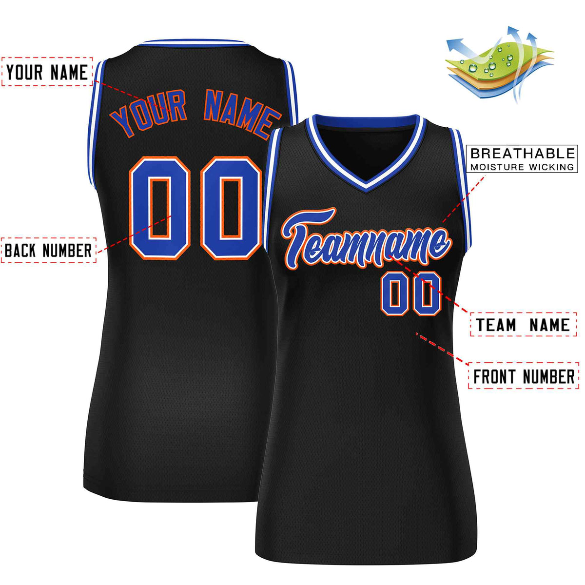 Custom Black Royal-Orange Classic Tops Mesh Basketball Jersey for Women
