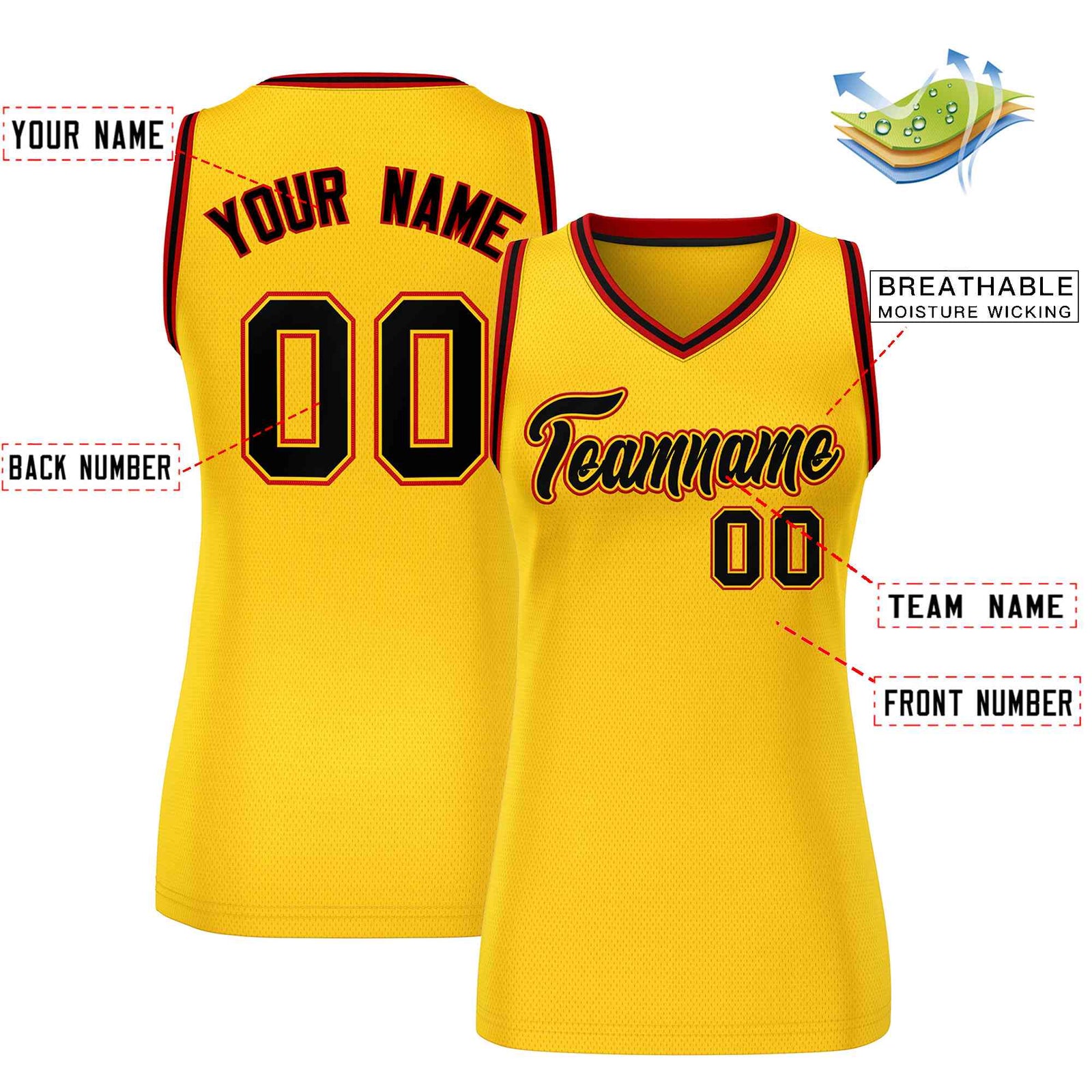 Custom Yellow Black-Red Classic Tops Mesh Basketball Jersey for Women