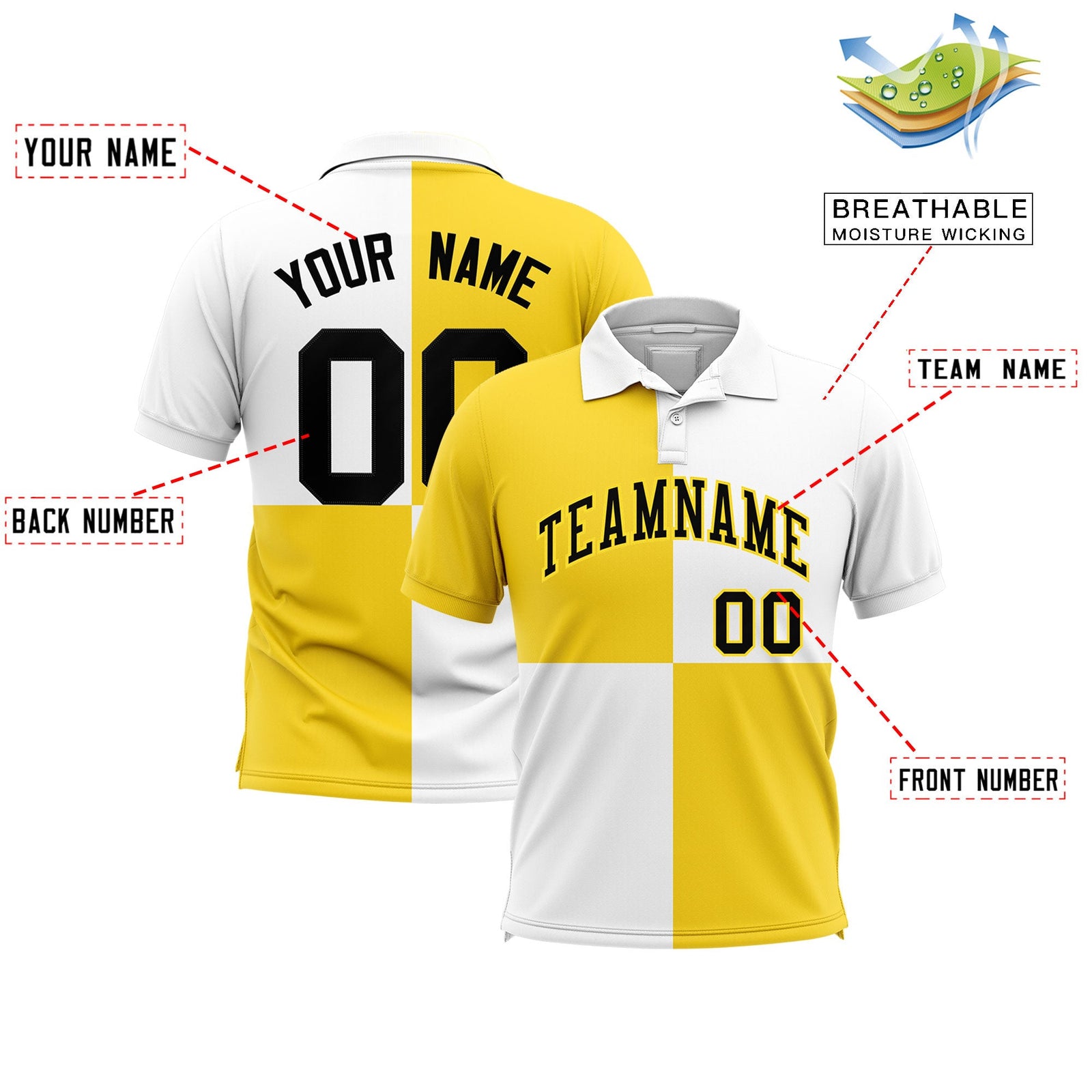 Custom Gold White Four Squares Design Performance Polo Shirt