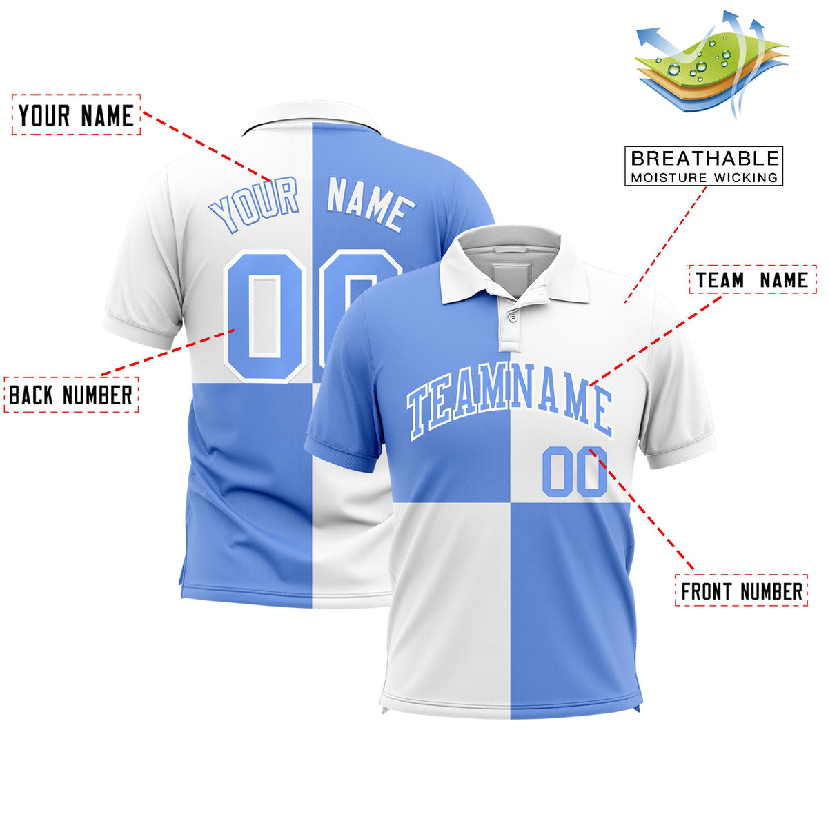 Custom Light Blue White Four Squares Design Performance Polo Shirt