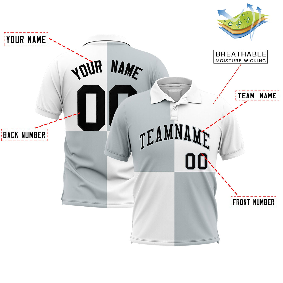 Custom Silver White Four Squares Design Performance Polo Shirt