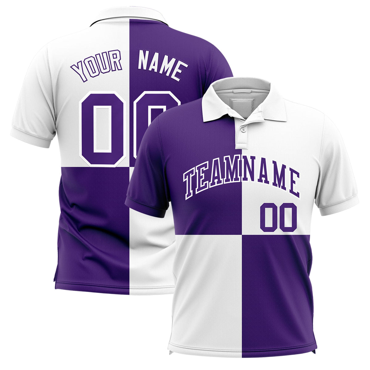 Custom Purple White Four Squares Design Performance Polo Shirt