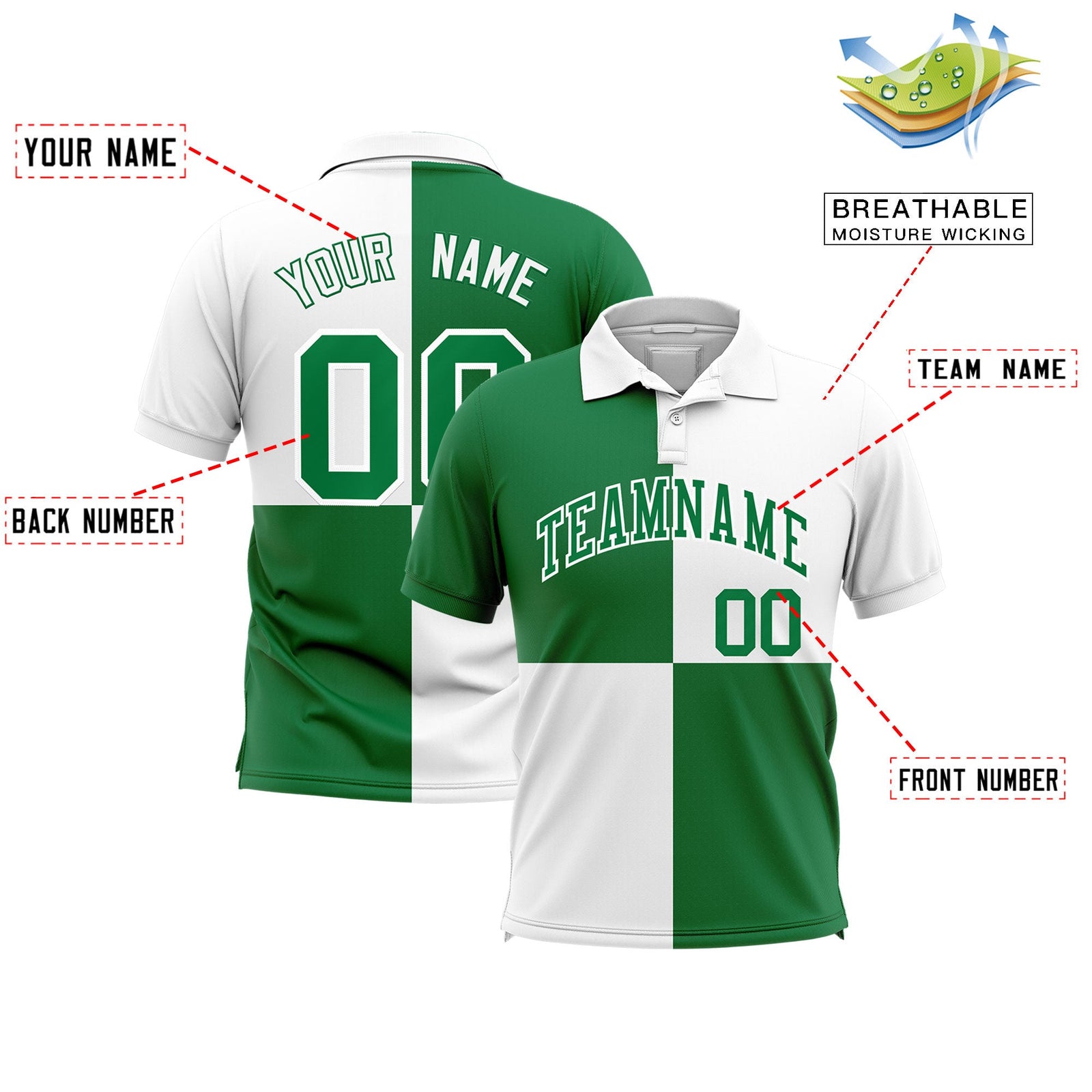 Custom Kelly Green White Four Squares Design Performance Polo Shirt