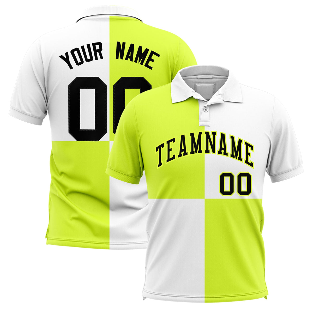 Custom Fluorescent Green White Four Squares Design Performance Polo Shirt