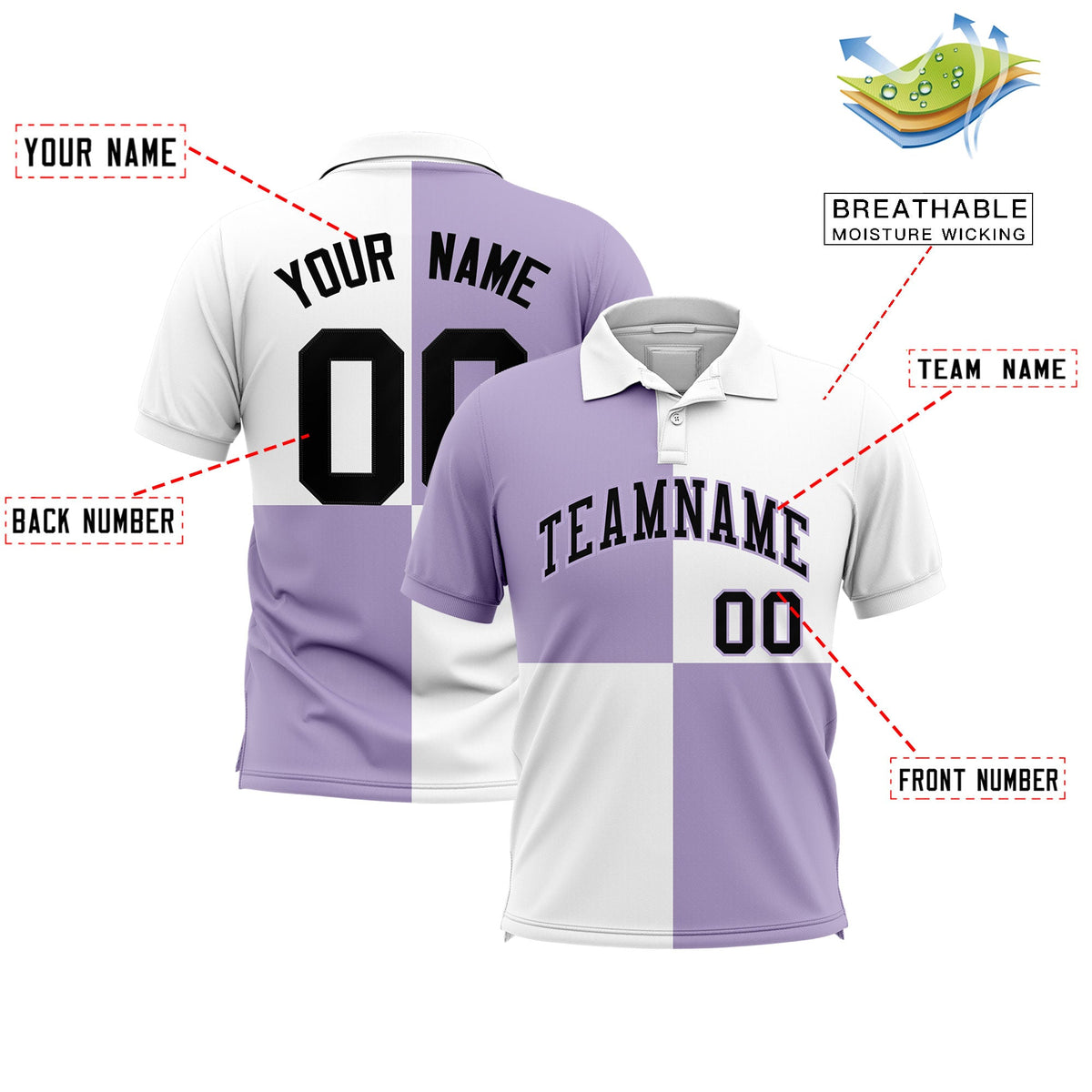 Custom Light Purple White Four Squares Design Performance Polo Shirt