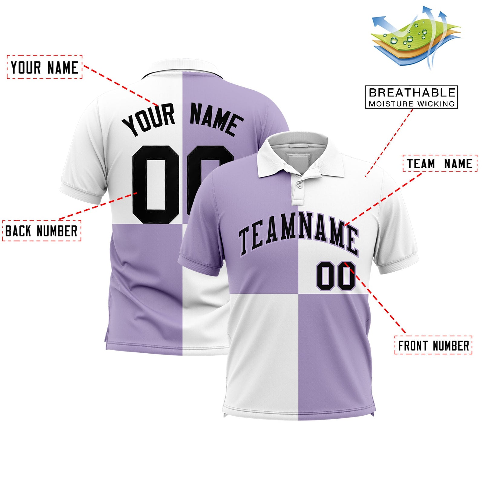 Custom Light Purple White Four Squares Design Performance Polo Shirt