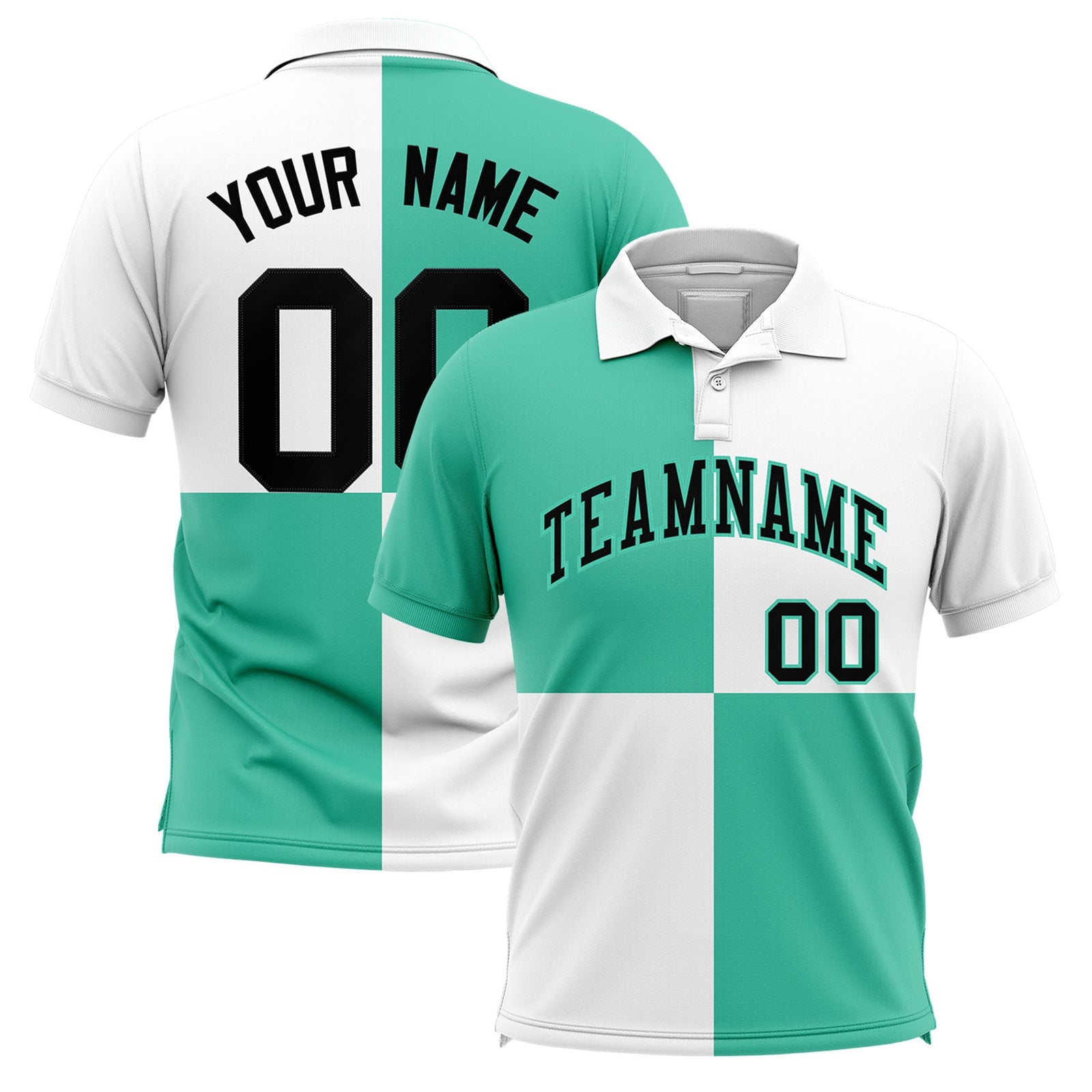 Custom Bright Green White Four Squares Design Performance Polo Shirt