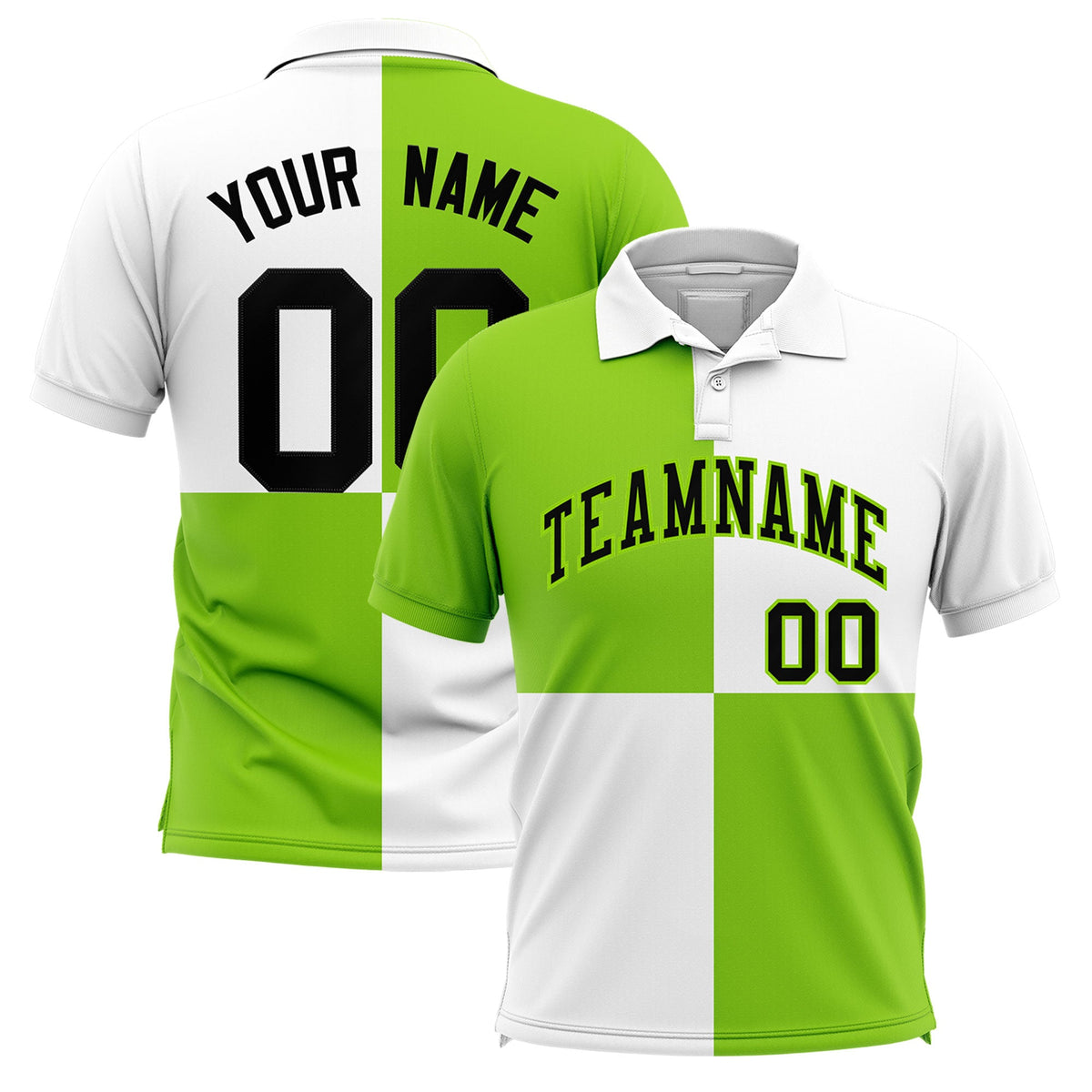 Custom Neon Green White Four Squares Design Performance Polo Shirt