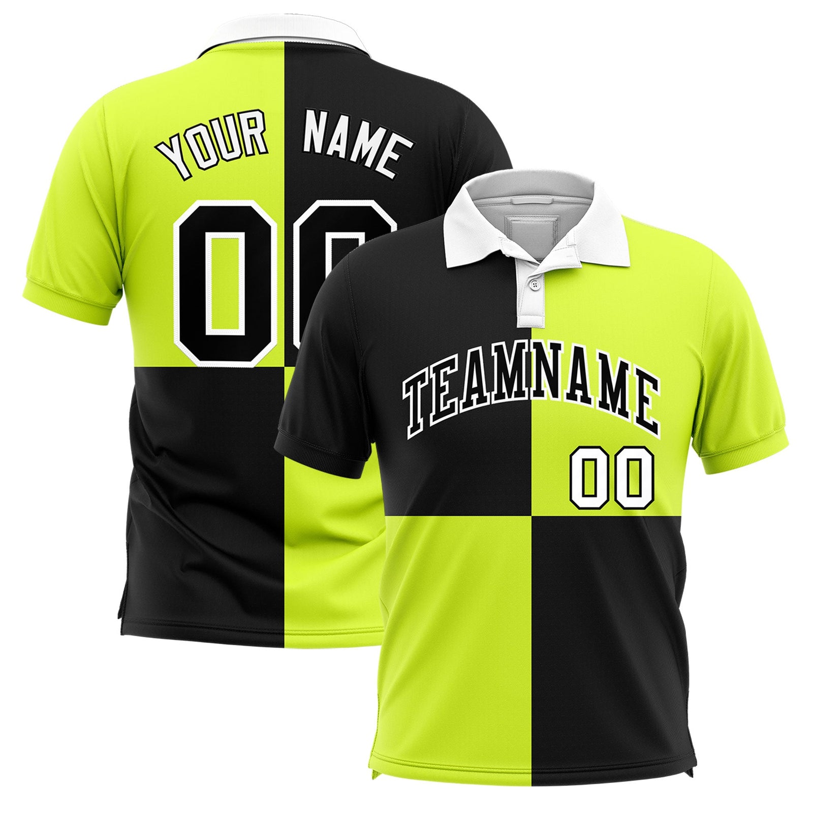 Custom Black Fluorescent Green Four Squares Design Performance Polo Shirt