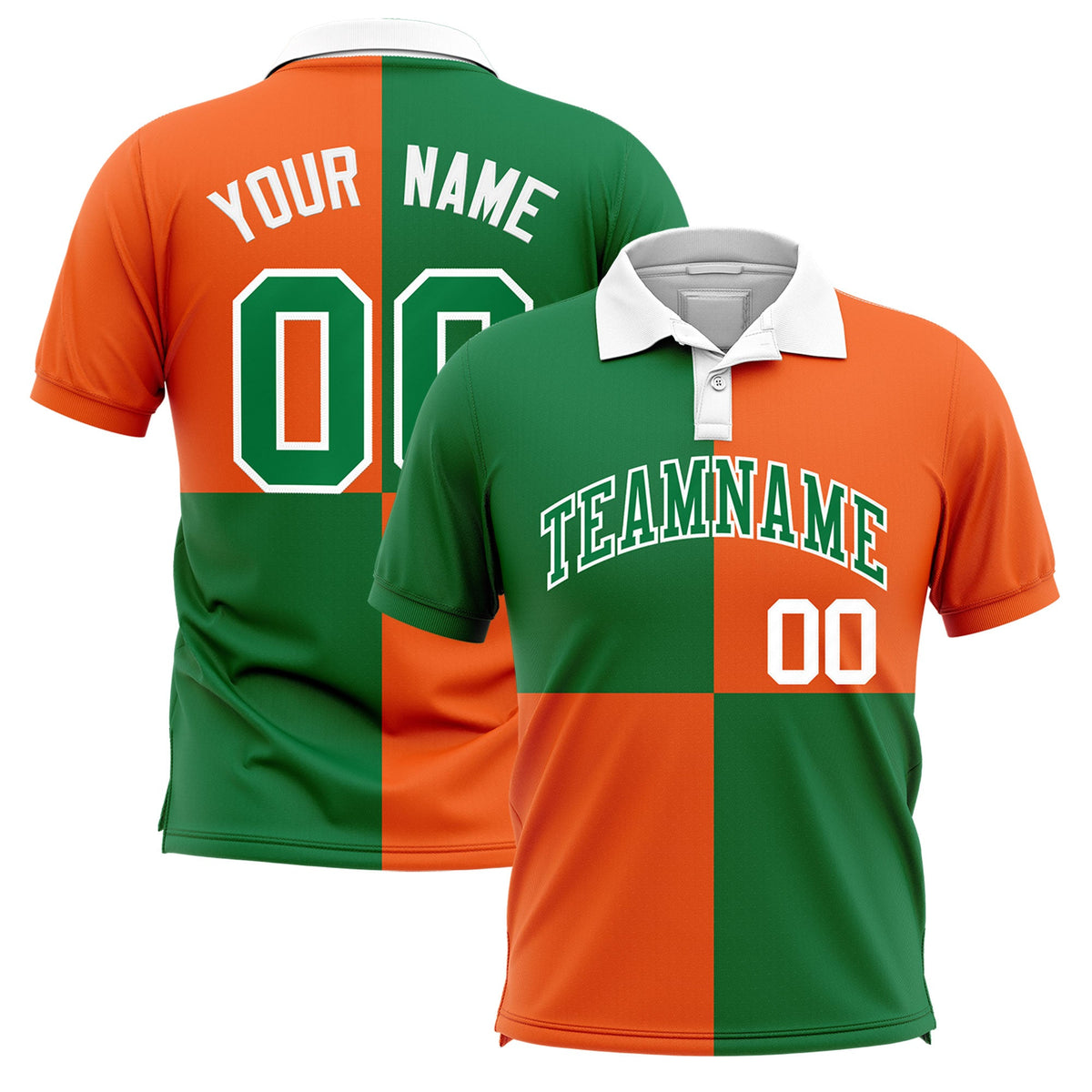 Custom Kelly Green Orange Four Squares Design Performance Polo Shirt