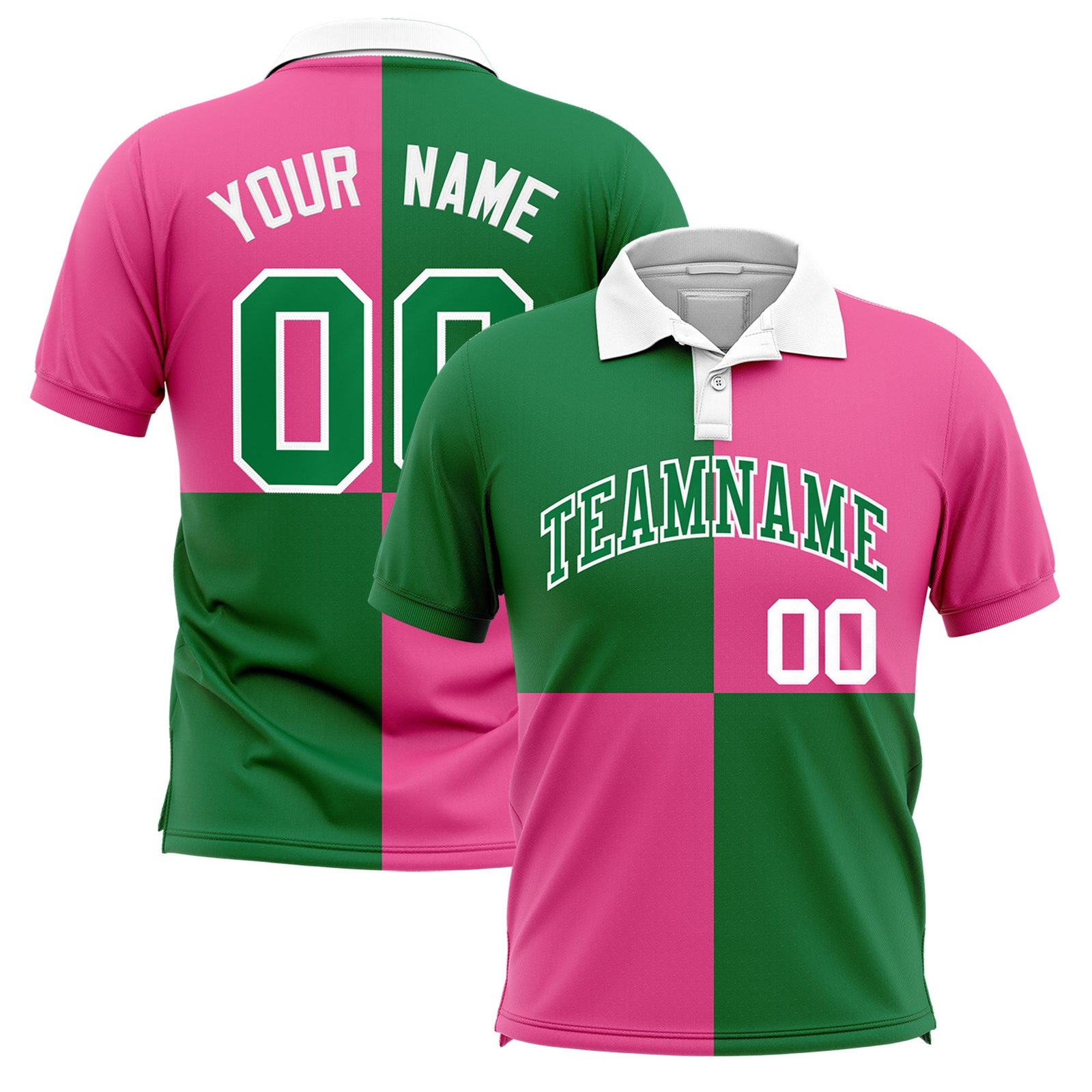 Custom Kelly Green Pink Four Squares Design Performance Polo Shirt