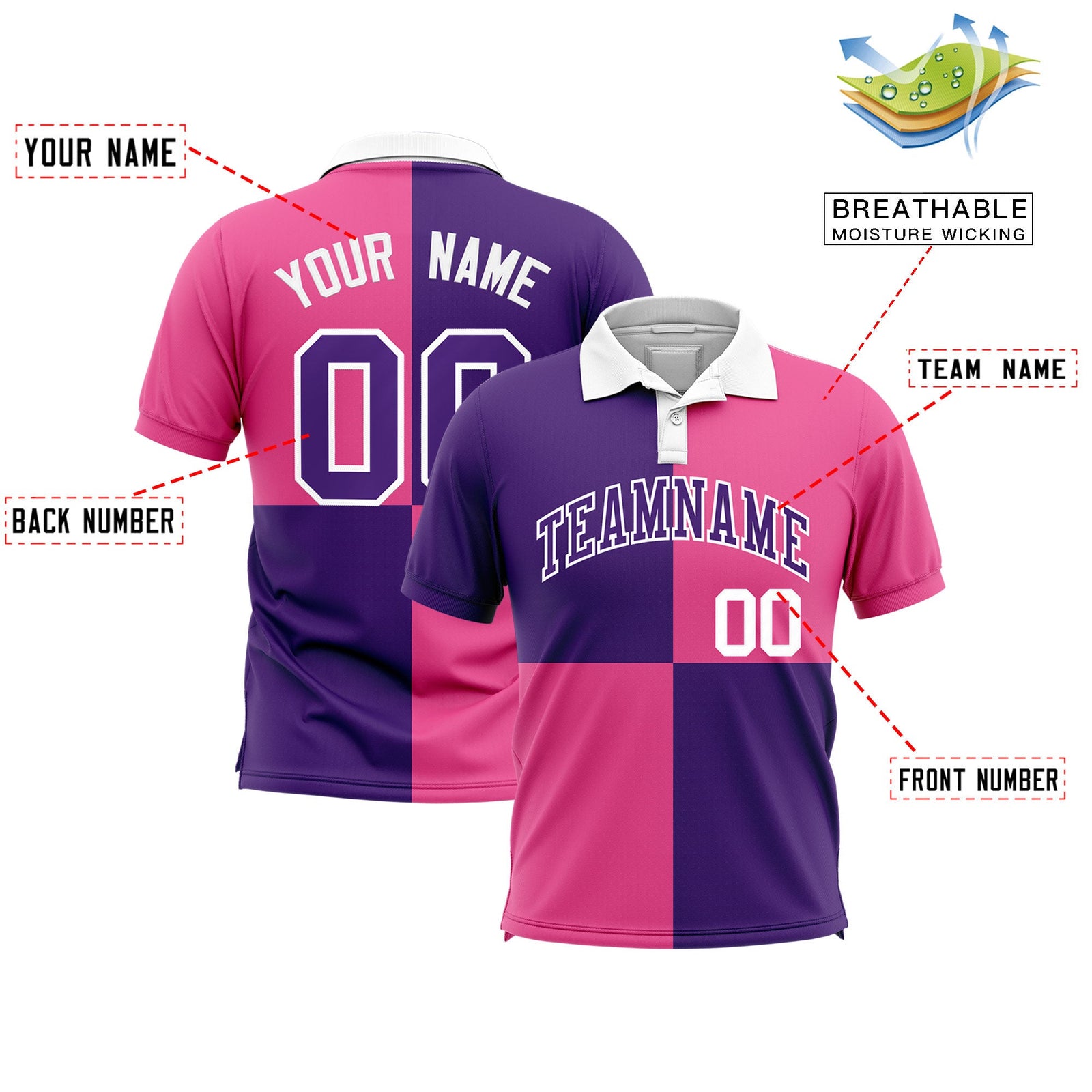 Custom Purple Pink Four Squares Design Performance Polo Shirt