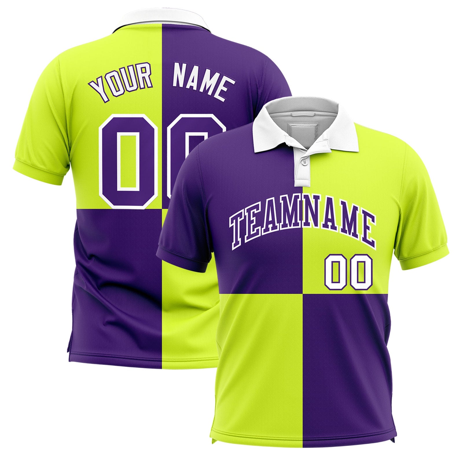 Custom Purple Fluorescent Green Four Squares Design Performance Polo Shirt