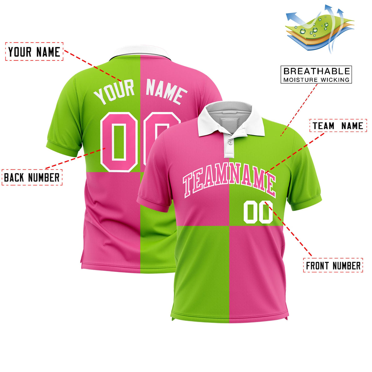 Custom Pink Neon Green Four Squares Design Performance Polo Shirt