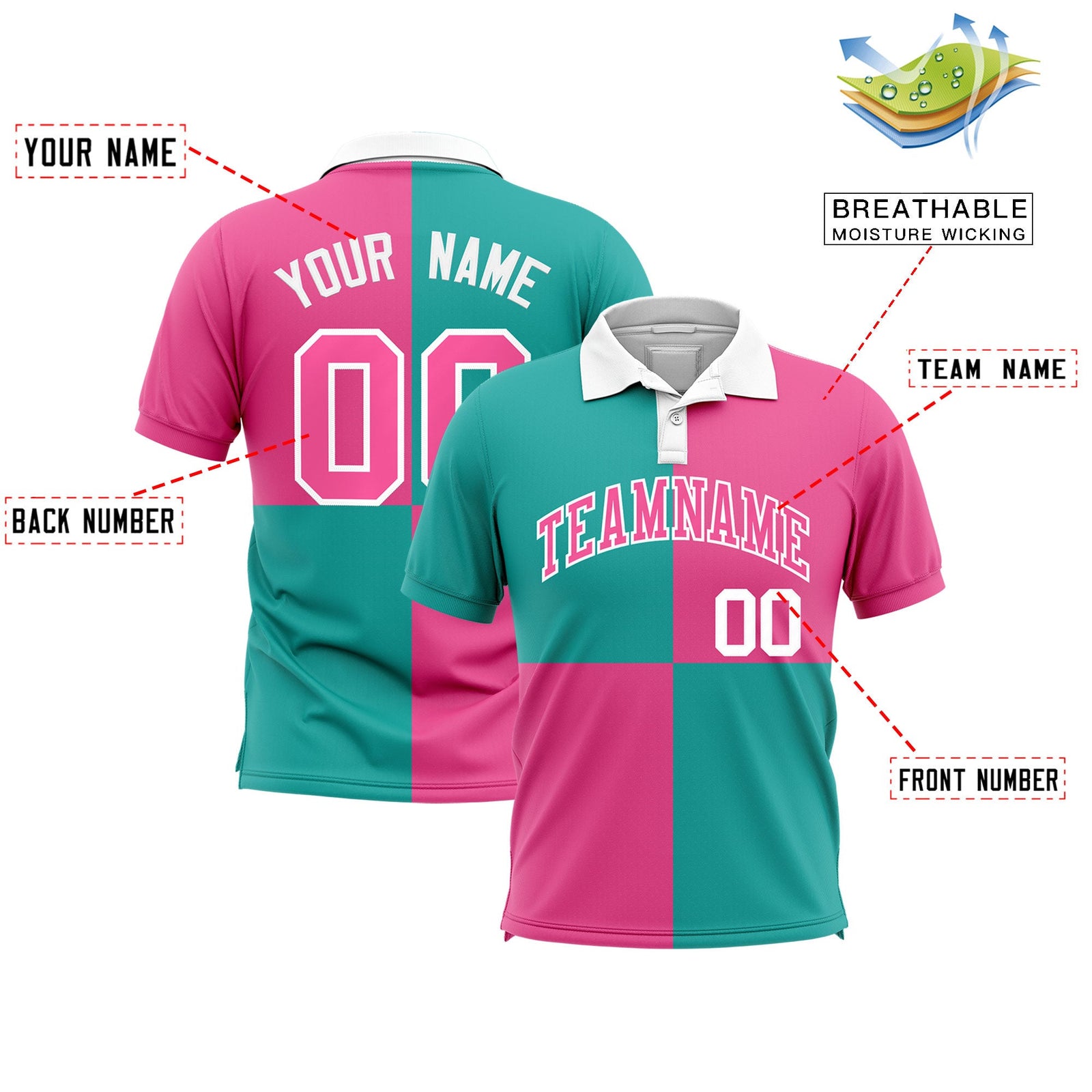 Custom Aqua Pink Four Squares Design Performance Polo Shirt